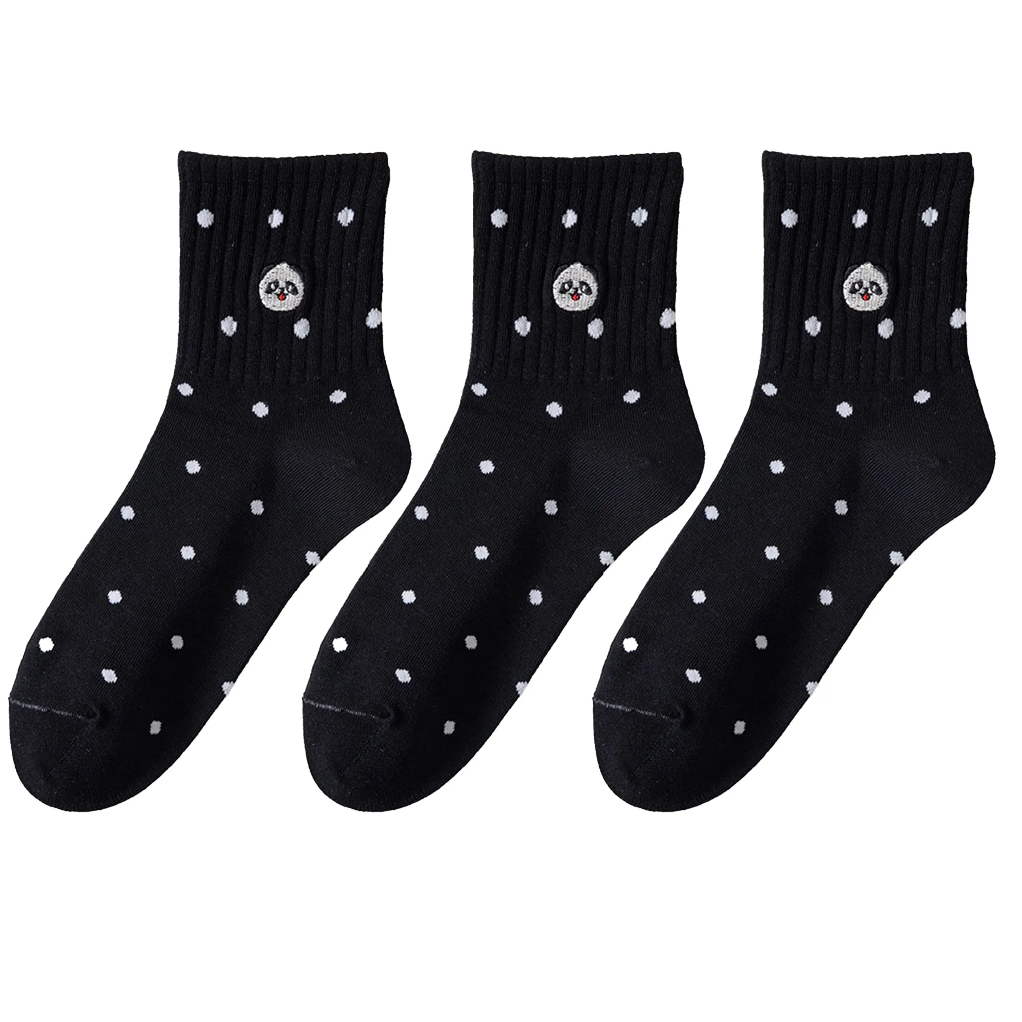 Anna-Kaci 3 Pairs Women's Crew Socks with Polka Dot Pattern and Panda Embroidery sold by Anna-Kaci