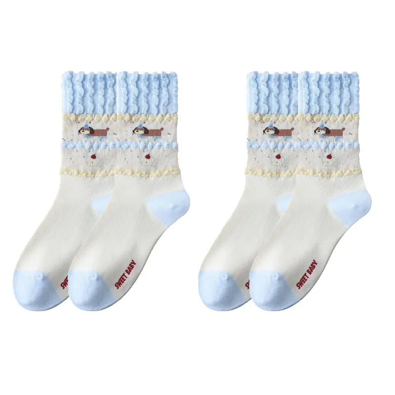 Anna-Kaci Women's 2-Pair Ruffle Cuff Crew Socks with Soft Knit Fabric Playful Character Pattern and Stretch Fit sold by Anna-Kaci