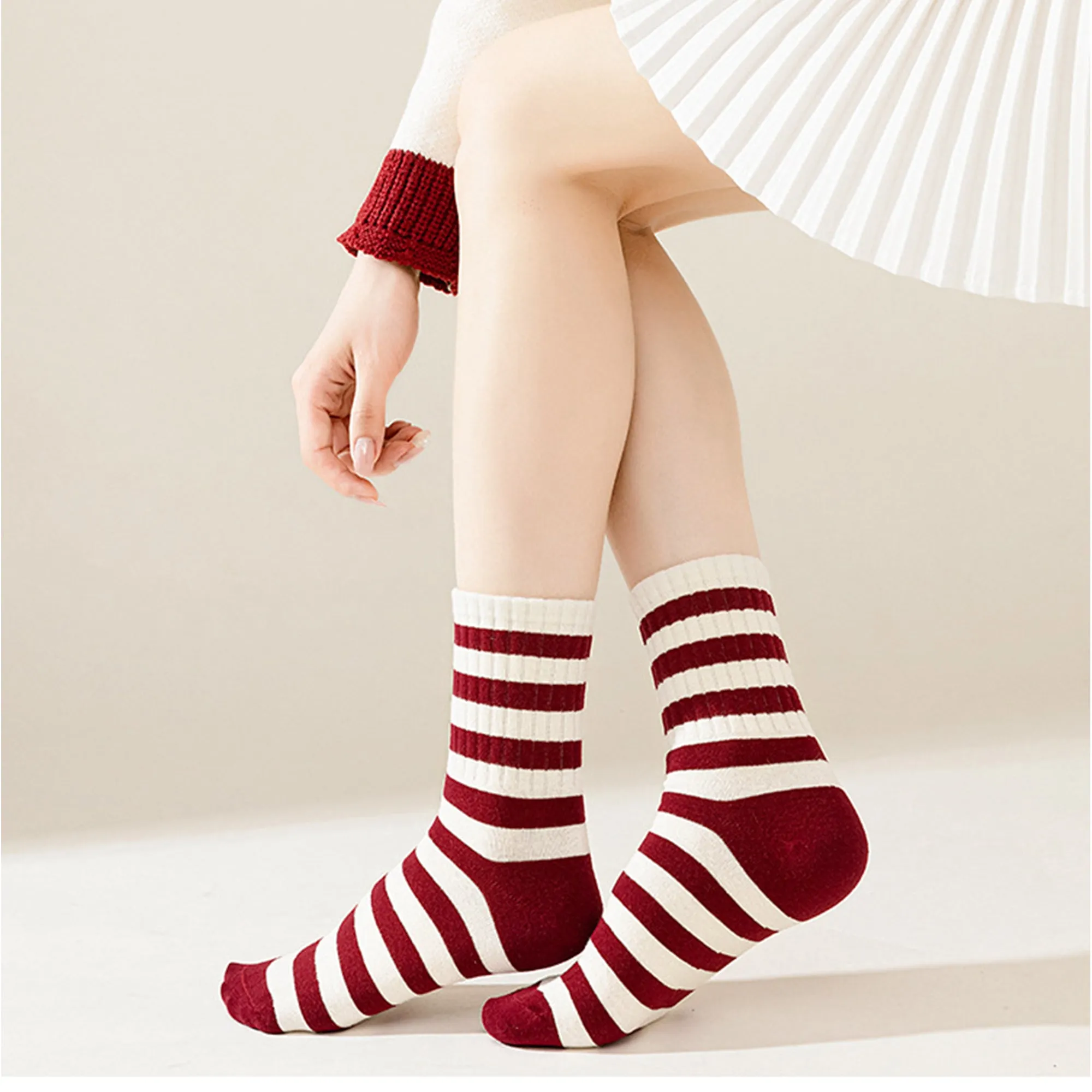 Anna-Kaci Women's 4 Pairs Striped and Solid Knit Socks with Bow Embroidery Ribbed Cuffs and Soft Stretch Fabric sold by Anna-Kaci product image thumbnail 4