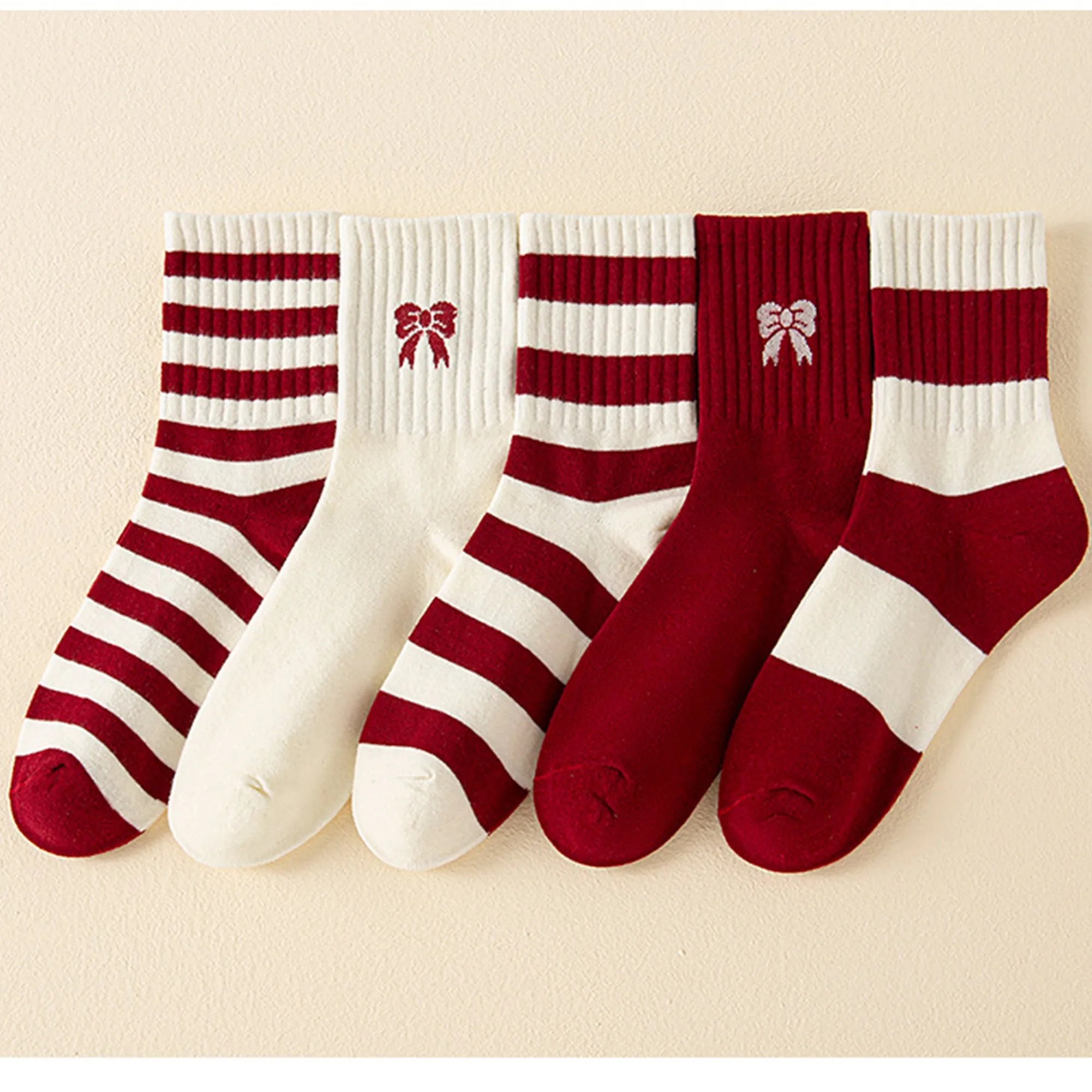 Anna-Kaci Women's 4 Pairs Striped and Solid Knit Socks with Bow Embroidery Ribbed Cuffs and Soft Stretch Fabric sold by Anna-Kaci product image thumbnail 5