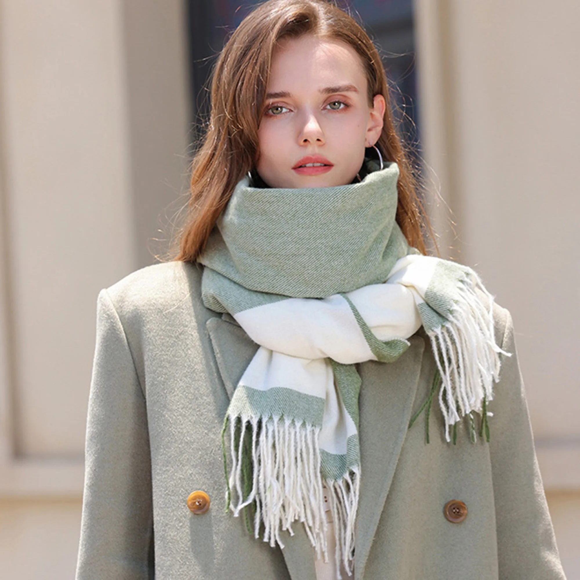 Anna-Kaci Women's Striped Woven Scarf with Soft Cozy Fabric Two-Tone Design and Fringe Trim Detailing sold by Anna-Kaci product image thumbnail 4