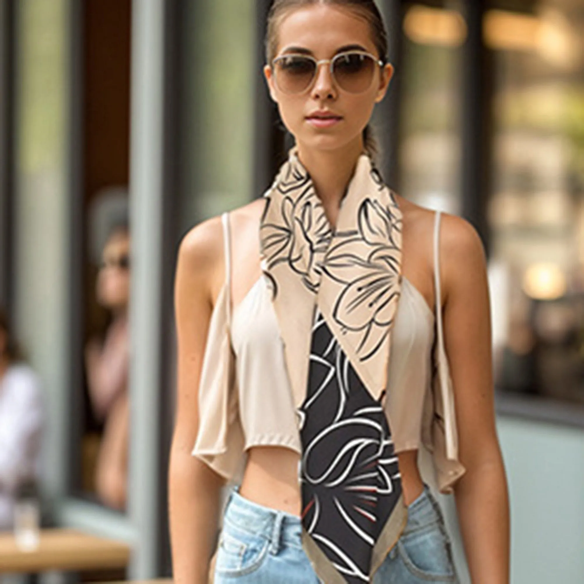 Anna-Kaci Women's Outlined Floral Print Square Scarf with Soft Silky Fabric Lightweight Versatile Neck and Hair Accessory sold by Anna-Kaci product image thumbnail 3