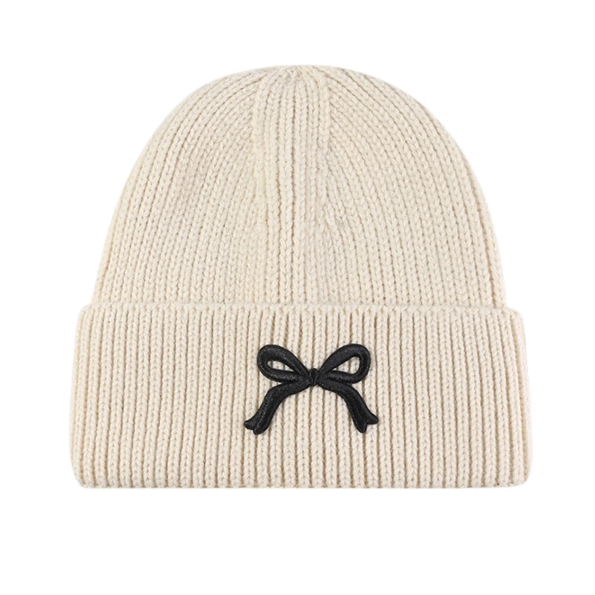 Anna-Kaci Women's Ribbed Knit Beanie Hat with Folded Cuff and Embroidered Bow Detail sold by Anna-Kaci