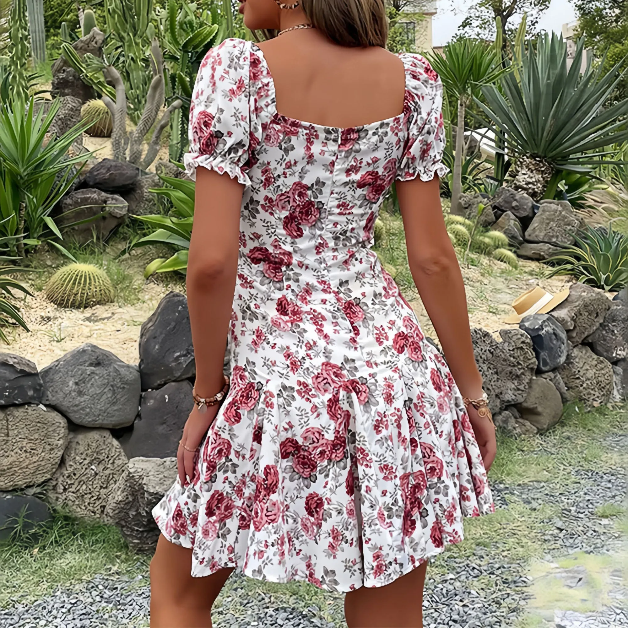 Anna-Kaci Women's Puff Sleeve Mini Dress with Square Neckline and Flared Hem sold by Anna-Kaci product image thumbnail 4