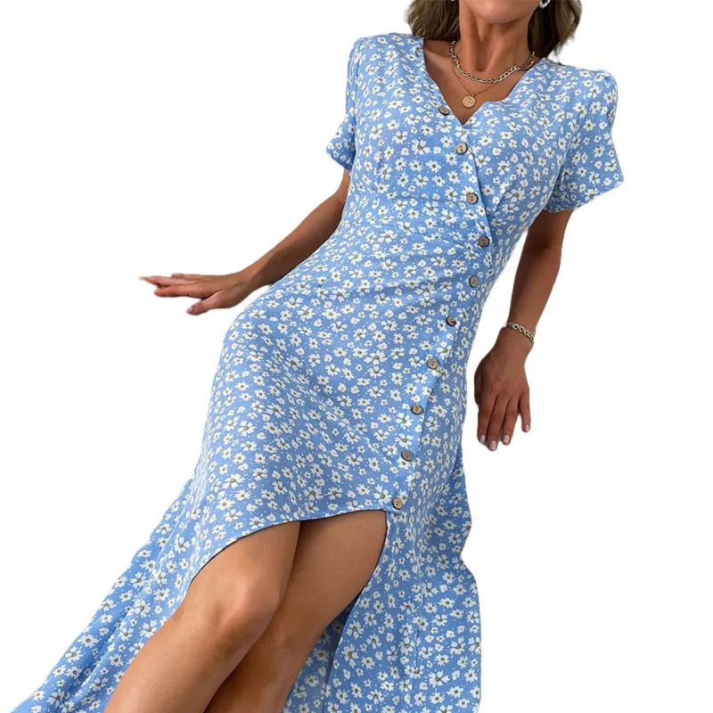 Anna-Kaci Women's Short Sleeve Floral Button Front Maxi Dress with V-Neckline and Side Slit sold by Anna-Kaci