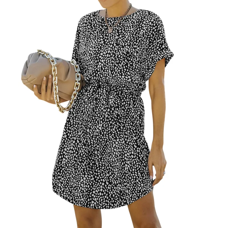 Anna-Kaci Women's Short Sleeve Mini Dress with Abstract Dot Print and Waist Tie sold by Anna-Kaci