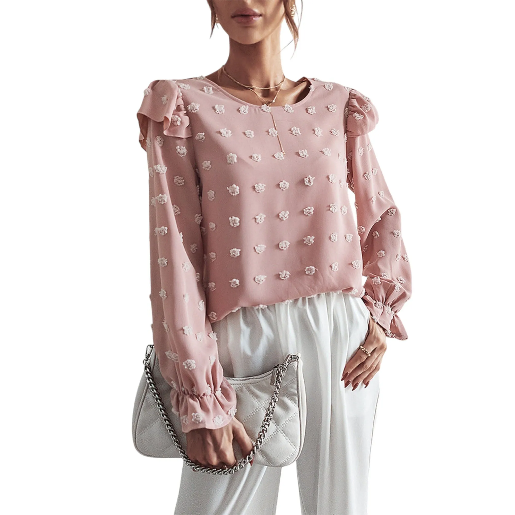Anna-Kaci Women's Long Sleeve Textured Blouse with Raised Floral Details and Shoulder Ruffle Accents sold by Anna-Kaci product image thumbnail 3