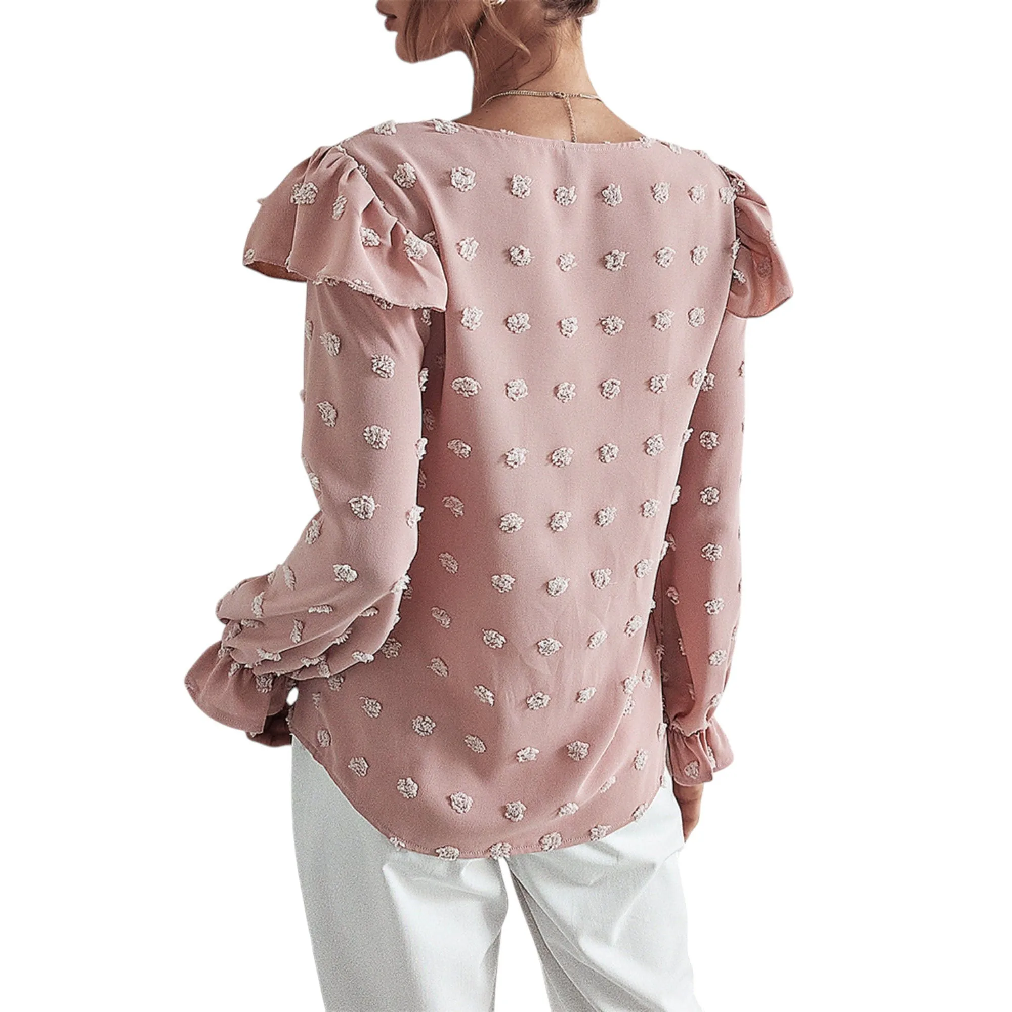 Anna-Kaci Women's Long Sleeve Textured Blouse with Raised Floral Details and Shoulder Ruffle Accents sold by Anna-Kaci product image thumbnail 4
