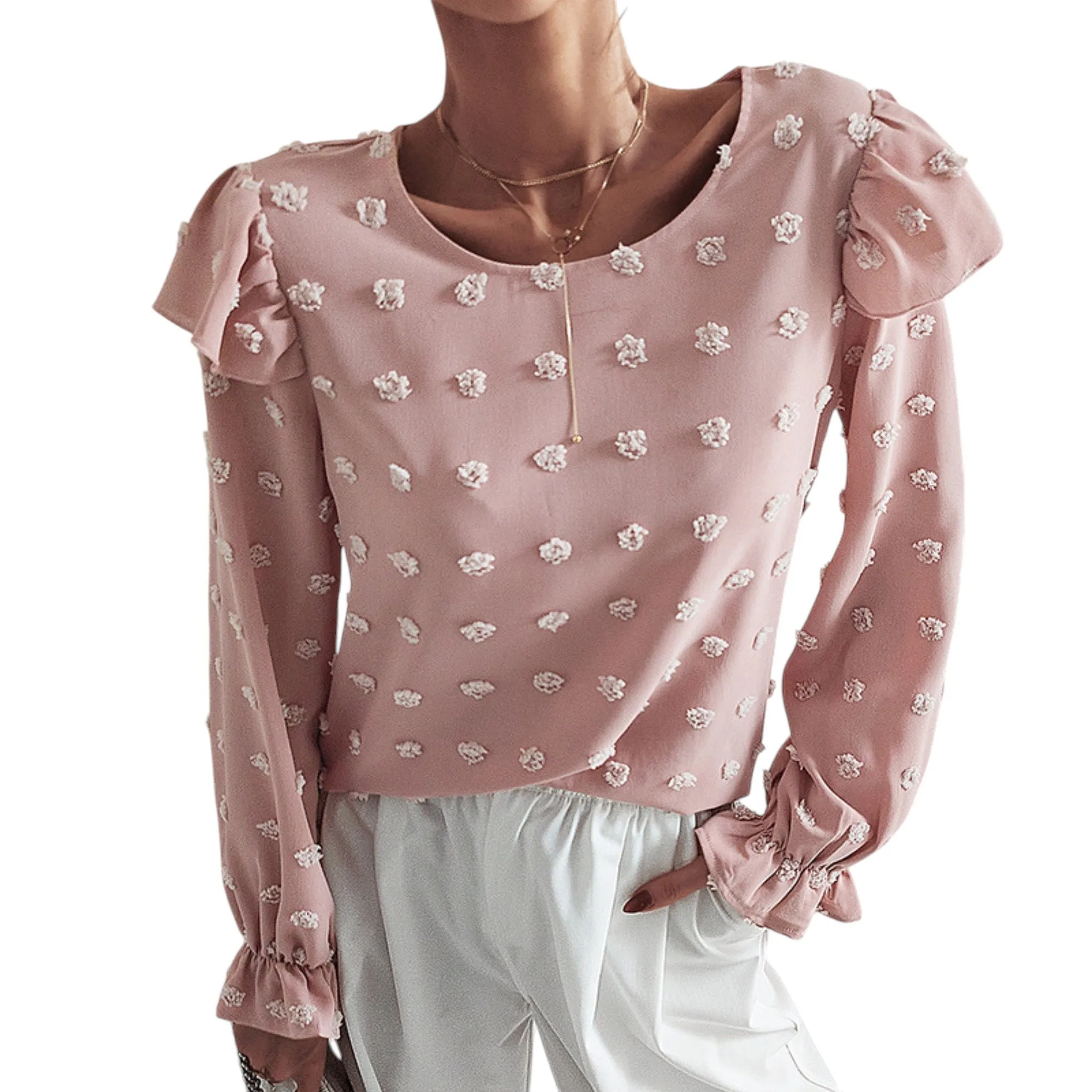 Anna-Kaci Women's Long Sleeve Textured Blouse with Raised Floral Details and Shoulder Ruffle Accents sold by Anna-Kaci