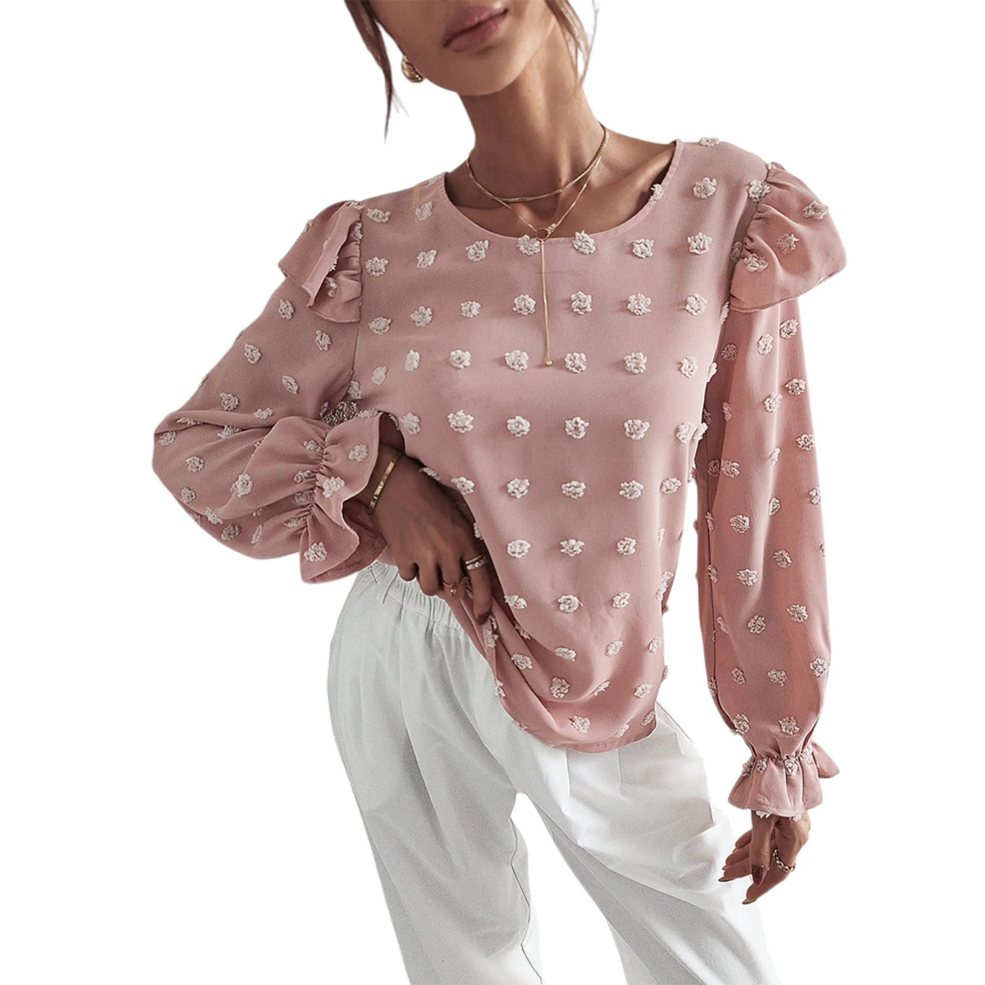 Anna-Kaci Women's Long Sleeve Textured Blouse with Raised Floral Details and Shoulder Ruffle Accents sold by Anna-Kaci product image thumbnail 2