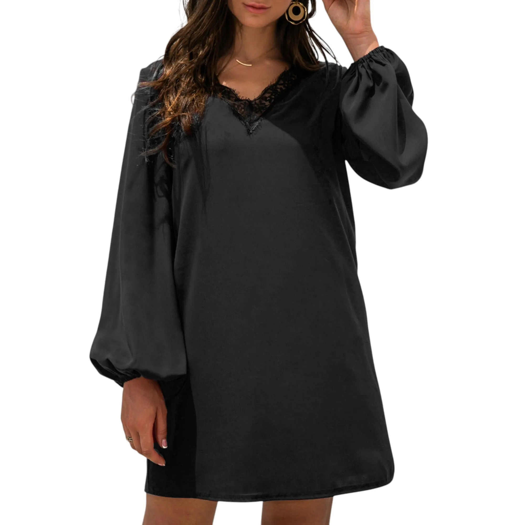 Anna-Kaci Women's Long Sleeve Mini Shift Dress with V-Neckline and Lace Trim Detail sold by Anna-Kaci