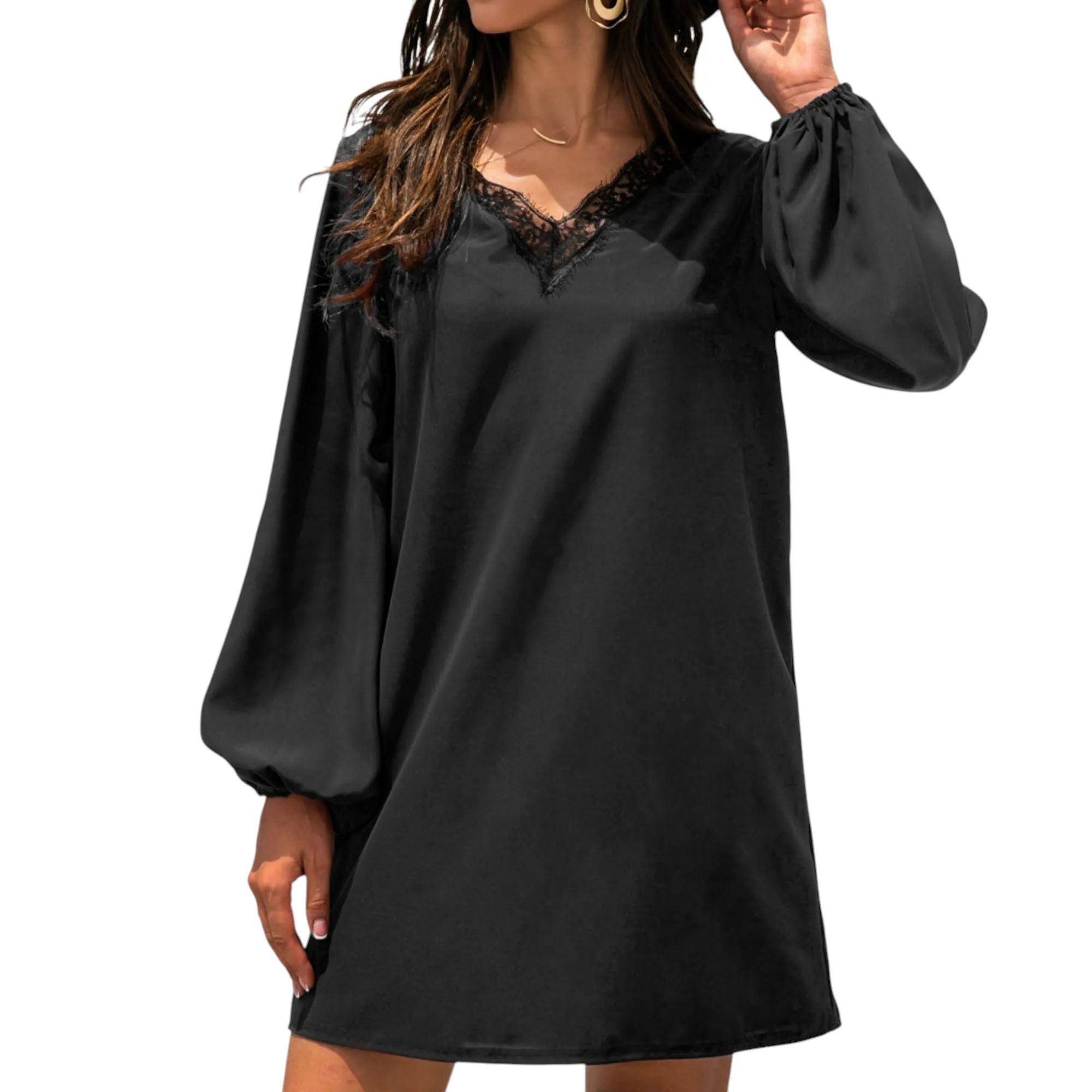 Anna-Kaci Women's Long Sleeve Mini Shift Dress with V-Neckline and Lace Trim Detail sold by Anna-Kaci product image thumbnail 2