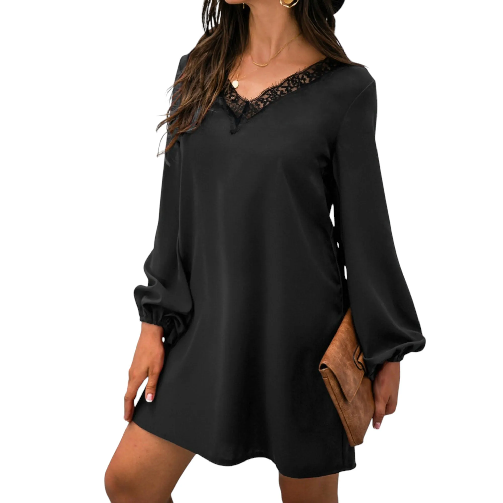 Anna-Kaci Women's Long Sleeve Mini Shift Dress with V-Neckline and Lace Trim Detail sold by Anna-Kaci product image thumbnail 3