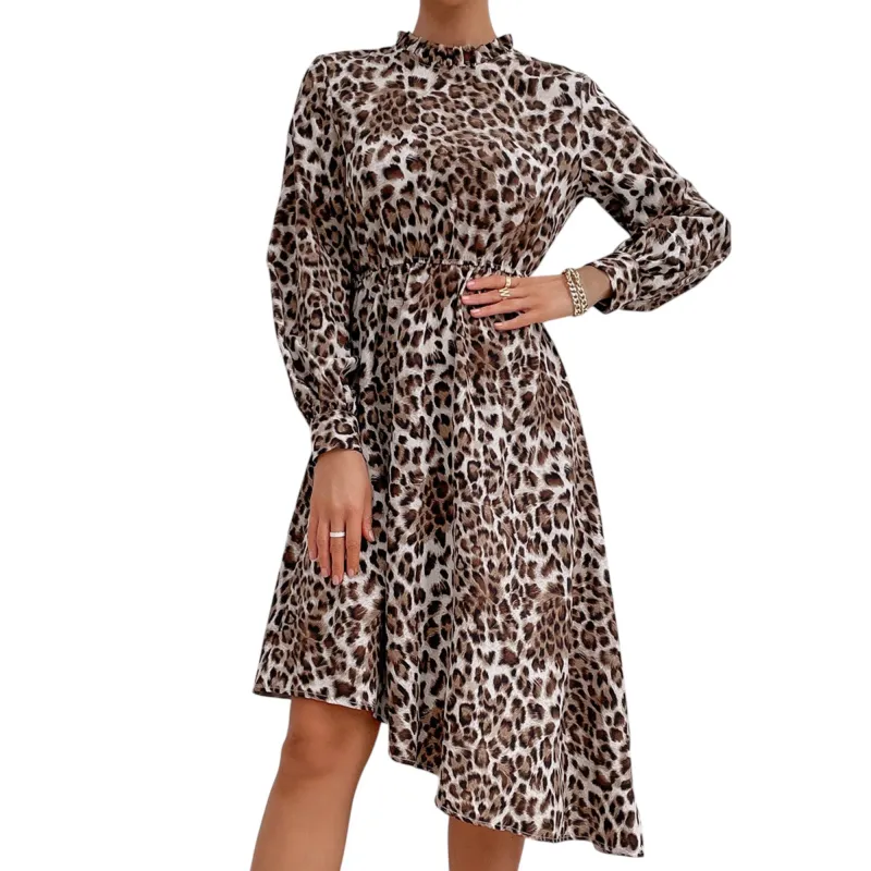 Anna-Kaci Women's Long Sleeve Leopard Print Midi Dress with High Neckline and Asymmetrical Hem sold by Anna-Kaci