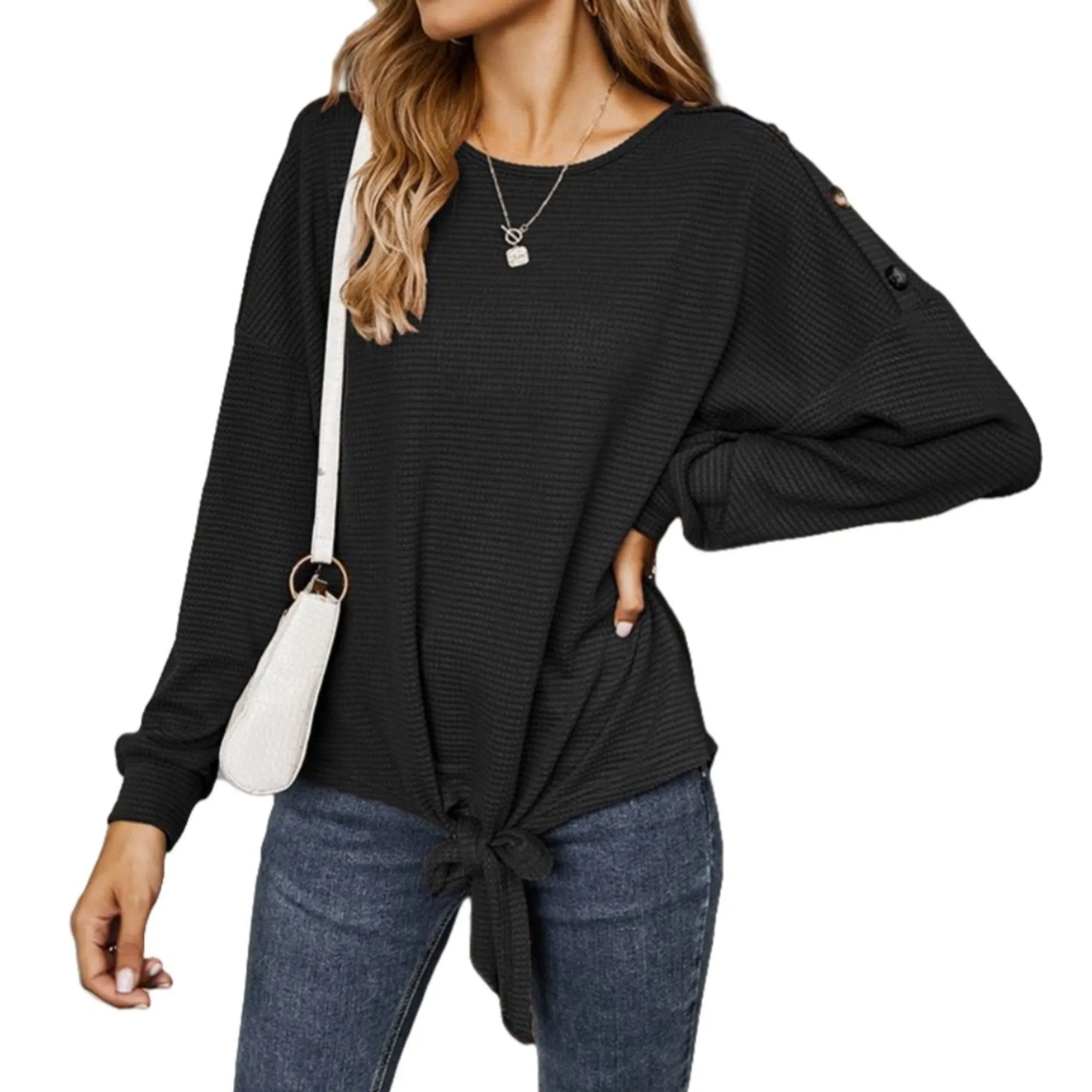 Anna-Kaci Women's Long Sleeve Waffle Knit Pullover Top with Shoulder Button Detail and Front Tie Hem sold by Anna-Kaci