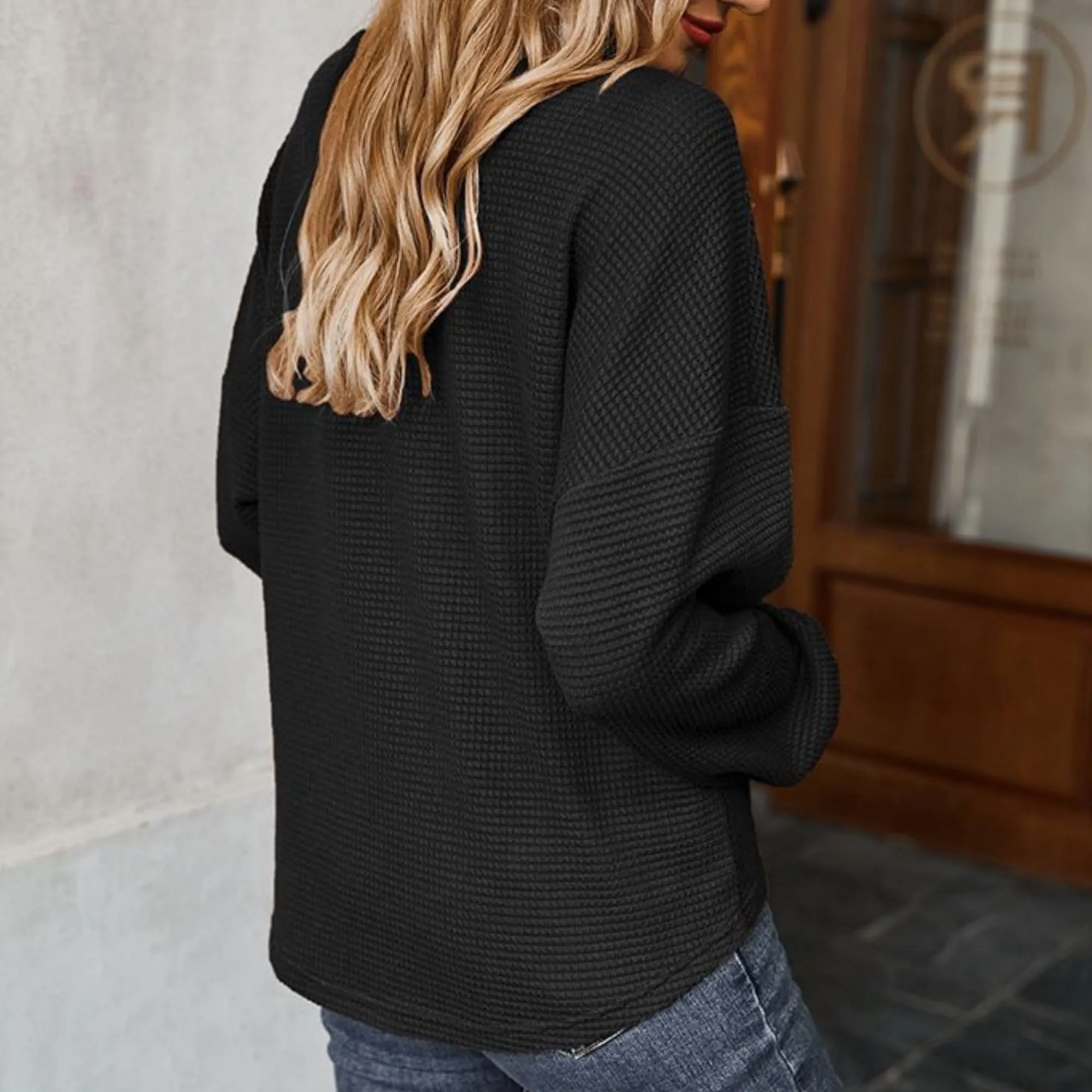 Anna-Kaci Women's Long Sleeve Waffle Knit Pullover Top with Shoulder Button Detail and Front Tie Hem sold by Anna-Kaci product image thumbnail 3