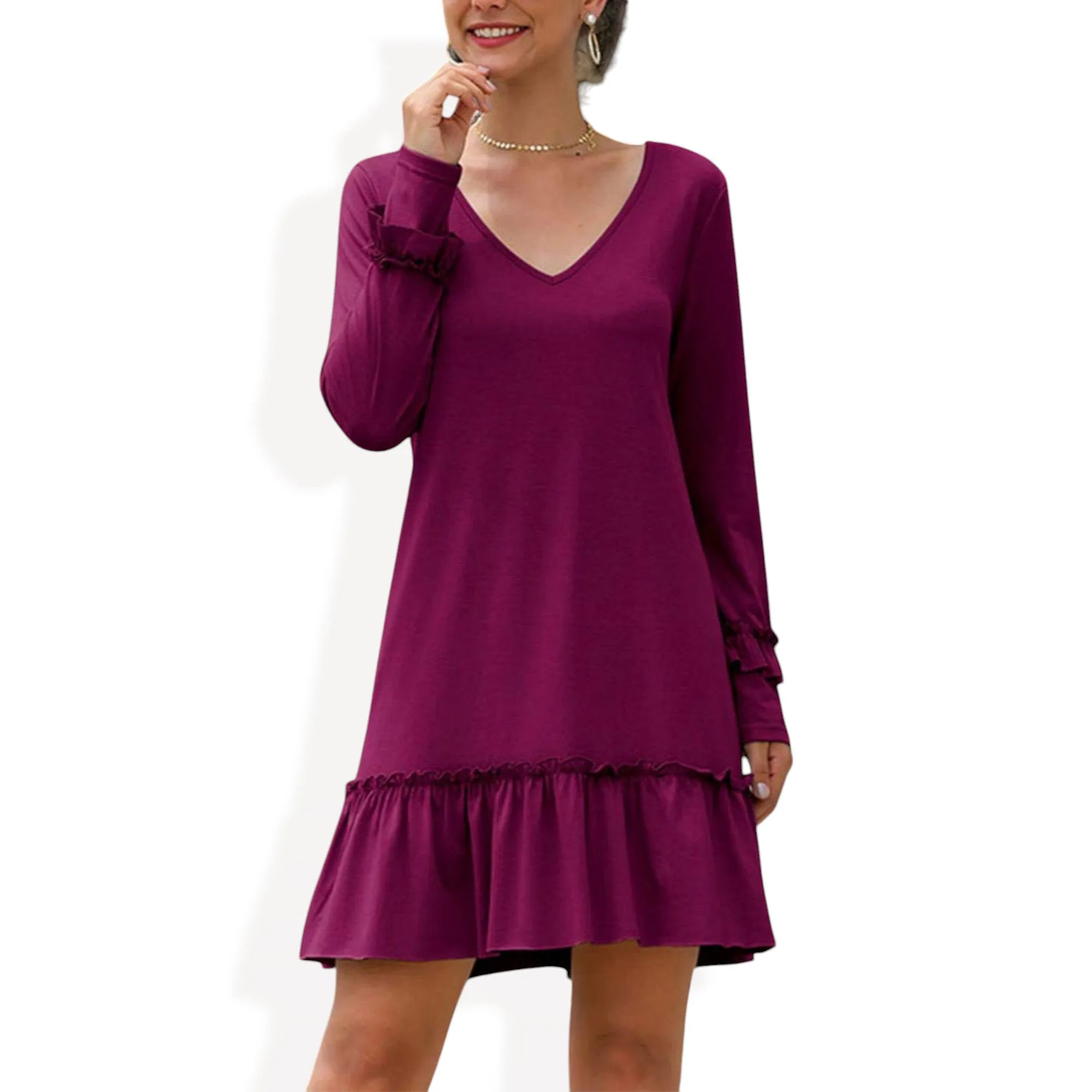 Anna-Kaci Women's Long Sleeve V Neck Ruffle Hem Mini Dress with Flowy Silhouette sold by Anna-Kaci product image thumbnail 5