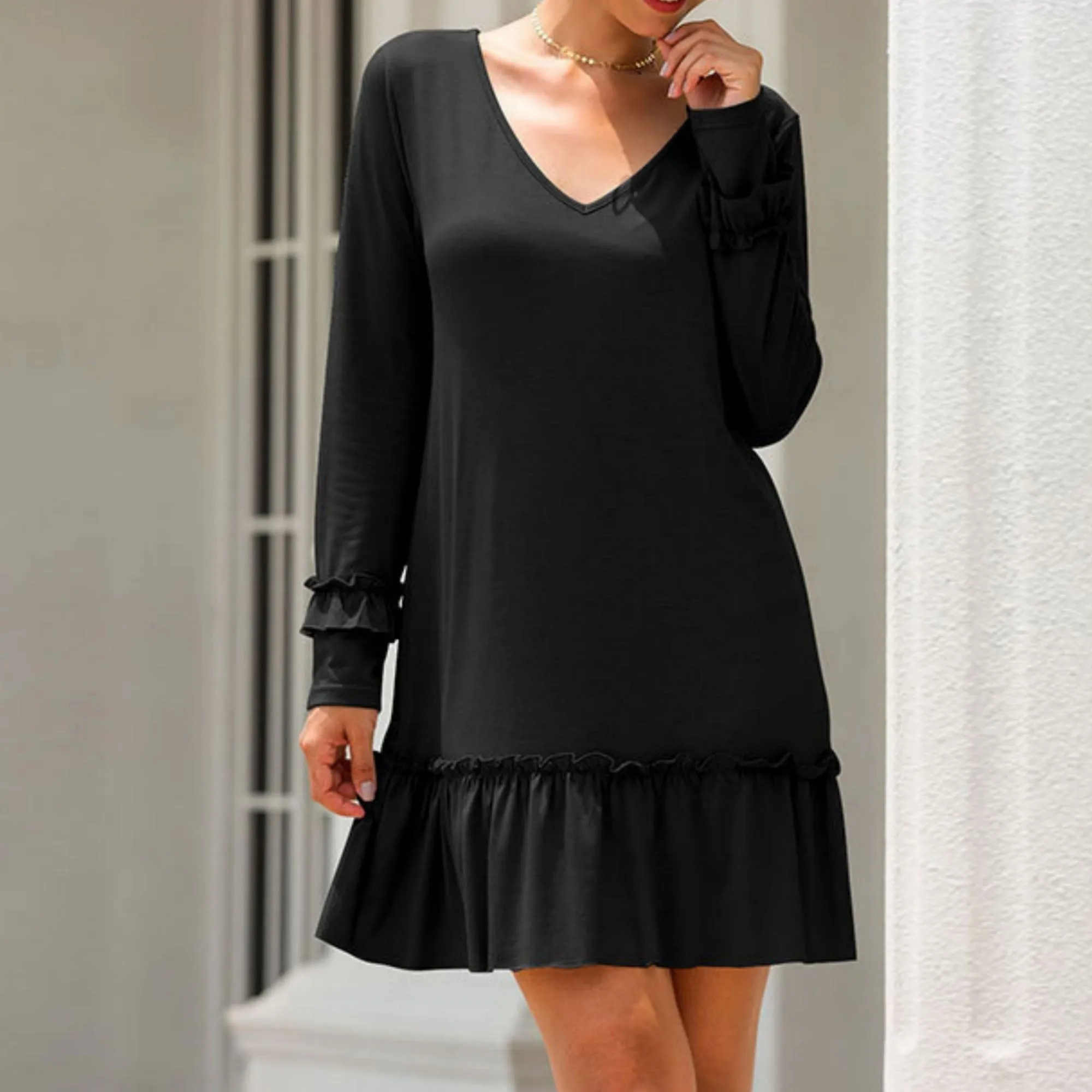 Anna-Kaci Women's Long Sleeve V Neck Ruffle Hem Mini Dress with Flowy Silhouette sold by Anna-Kaci product image thumbnail 2