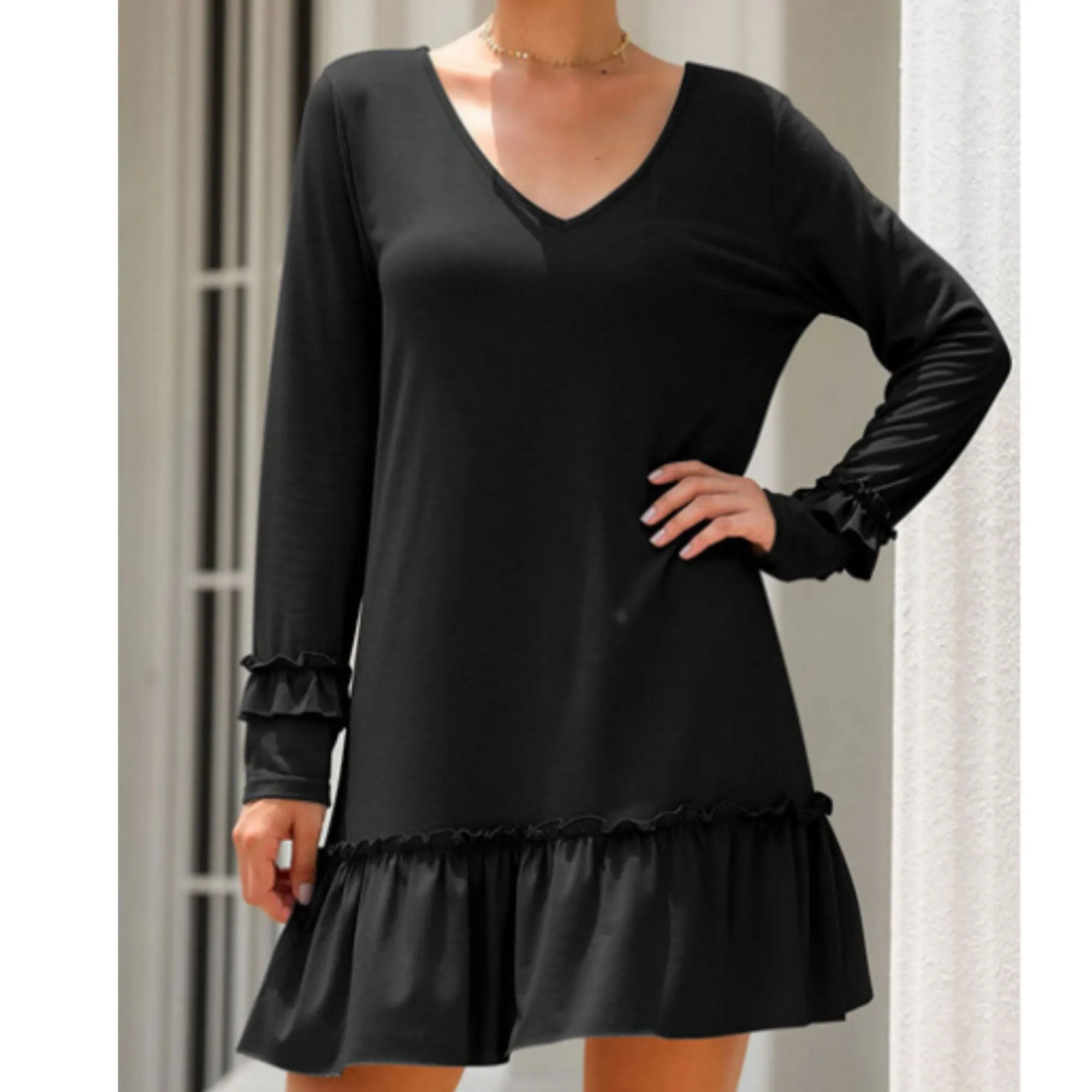 Anna-Kaci Women's Long Sleeve V Neck Ruffle Hem Mini Dress with Flowy Silhouette sold by Anna-Kaci product image thumbnail 3