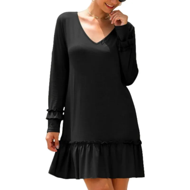 Anna-Kaci Women's Long Sleeve V Neck Ruffle Hem Mini Dress with Flowy Silhouette sold by Anna-Kaci