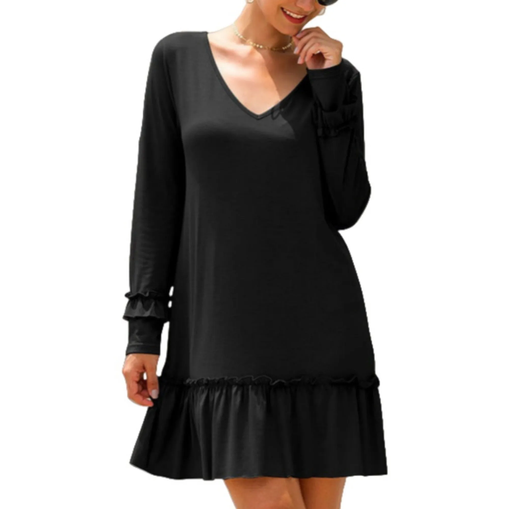 Anna-Kaci Women's Long Sleeve V Neck Ruffle Hem Mini Dress with Flowy Silhouette sold by Anna-Kaci
