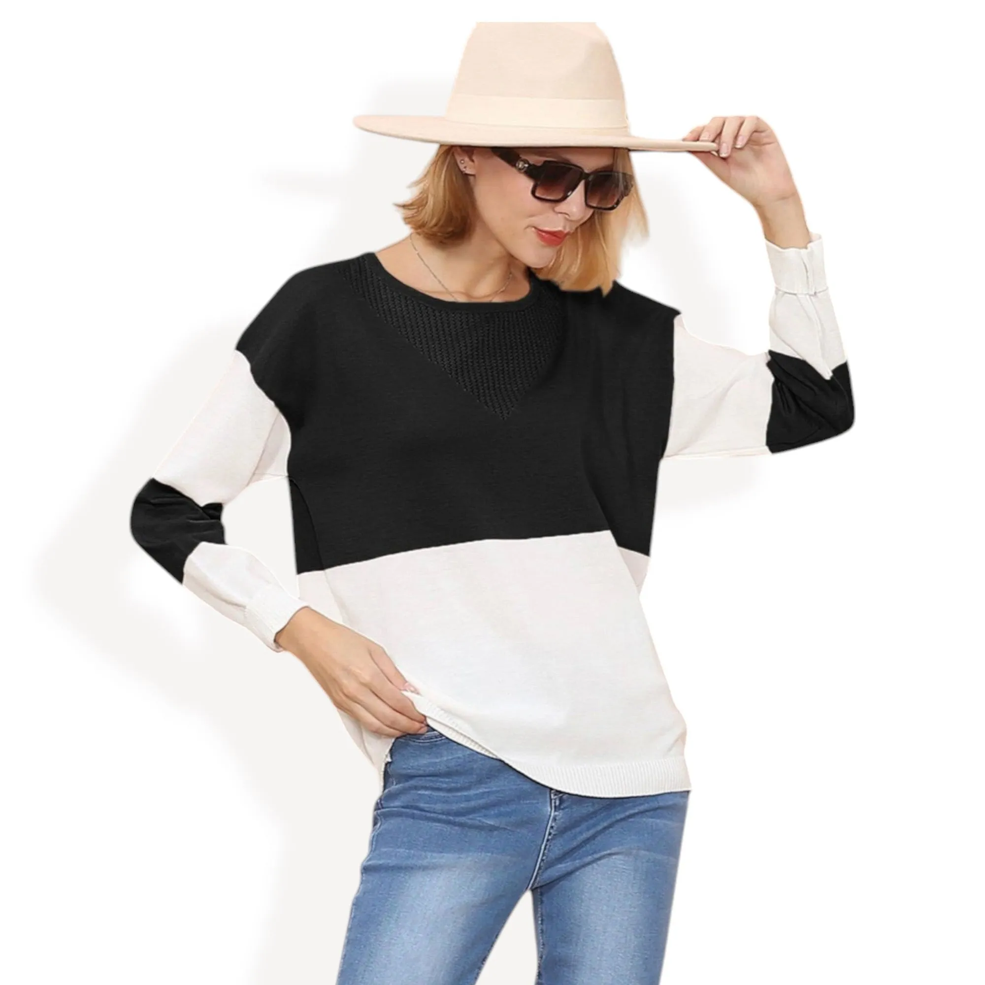 Anna-Kaci Women's Long Sleeve Color Block Pullover Top with Ribbed Crew Neck and Relaxed Fit sold by Anna-Kaci