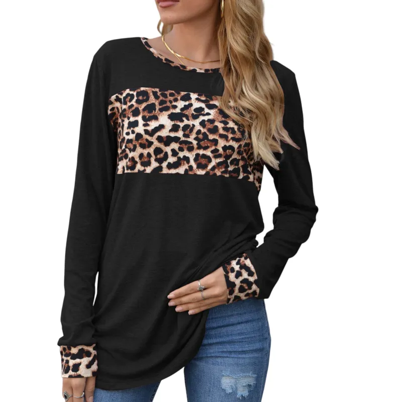 Anna-Kaci Women's Long Sleeve Pullover Top with Leopard Print Chest Panel and Cuff Accents sold by Anna-Kaci