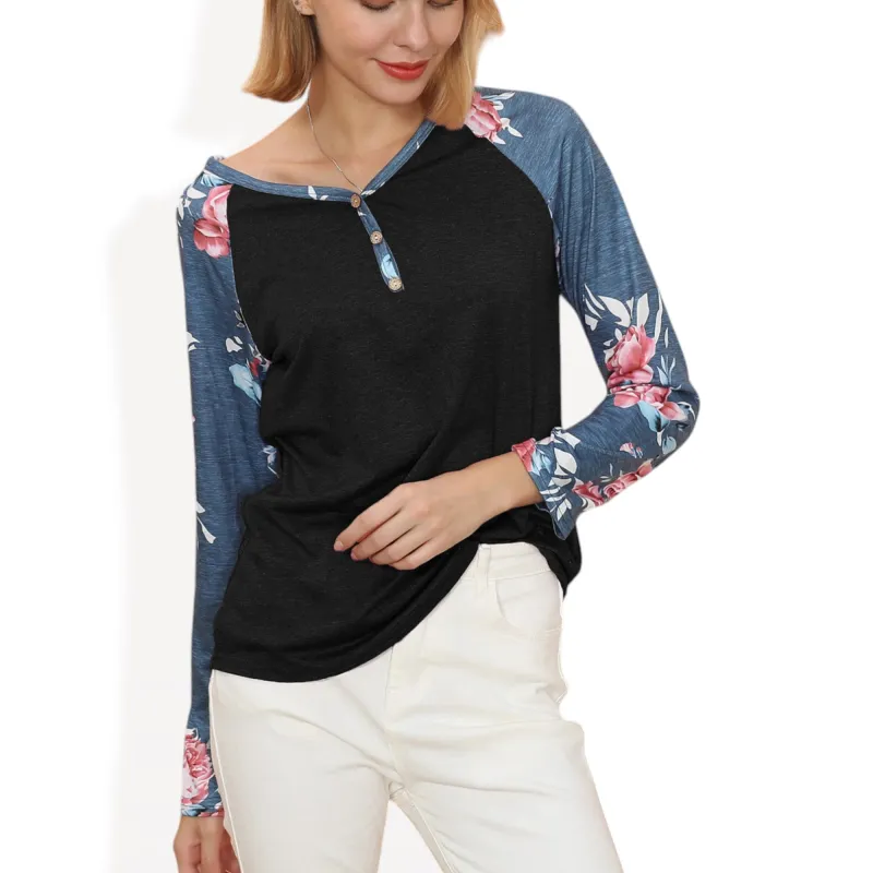 Anna-Kaci Women's Long Sleeve Raglan Henley Top with Button Detail and Floral Print Sleeves sold by Anna-Kaci
