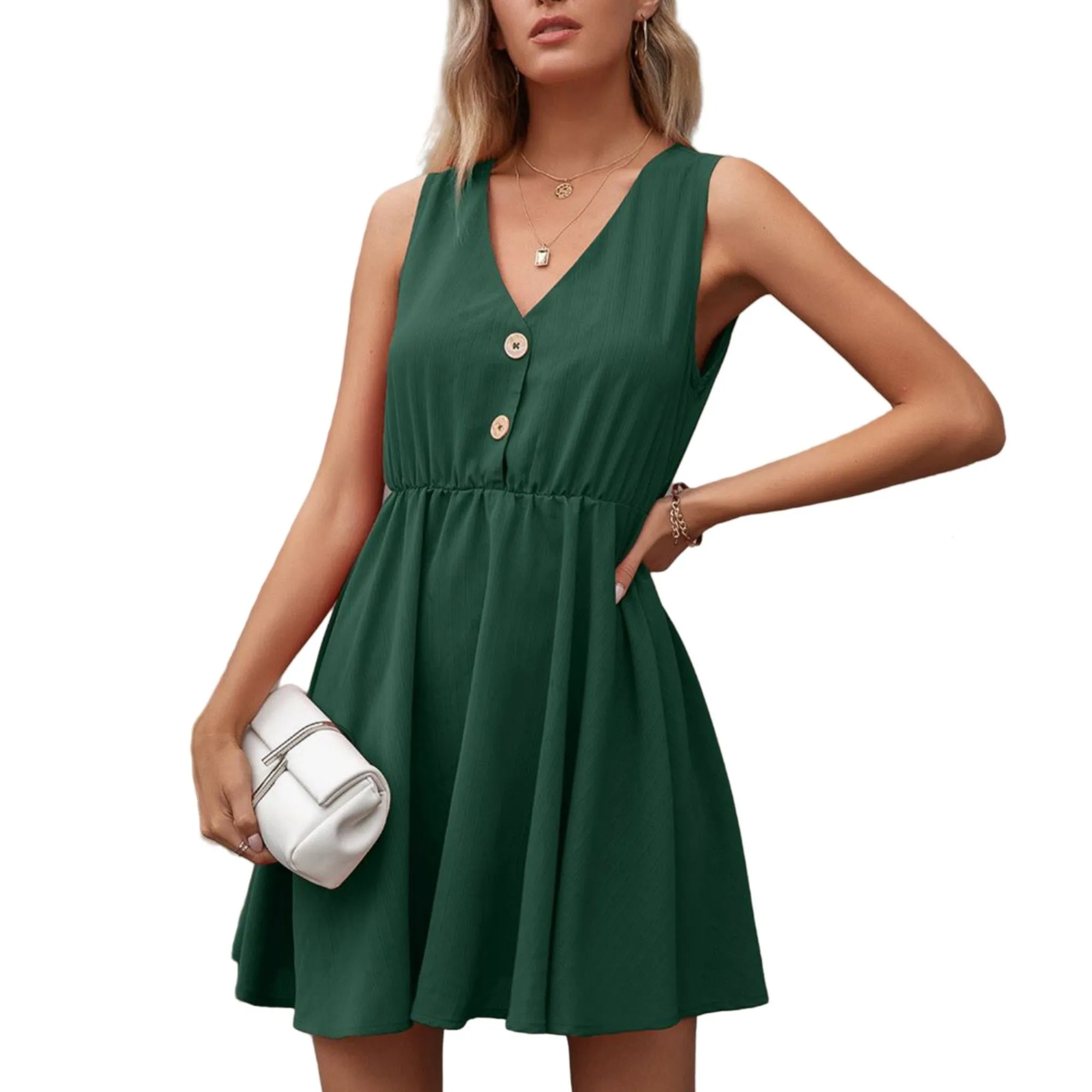 Anna-Kaci Women's Sleeveless Mini Dress with V-Neckline Front Buttons and Elastic Waist sold by Anna-Kaci