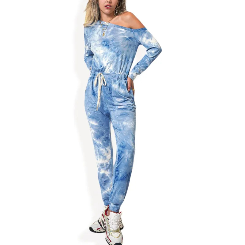 Anna-Kaci Women's Off Shoulder Tie Dye Long Sleeve Jumpsuit with Drawstring Waist and Jogger Style Pants sold by Anna-Kaci