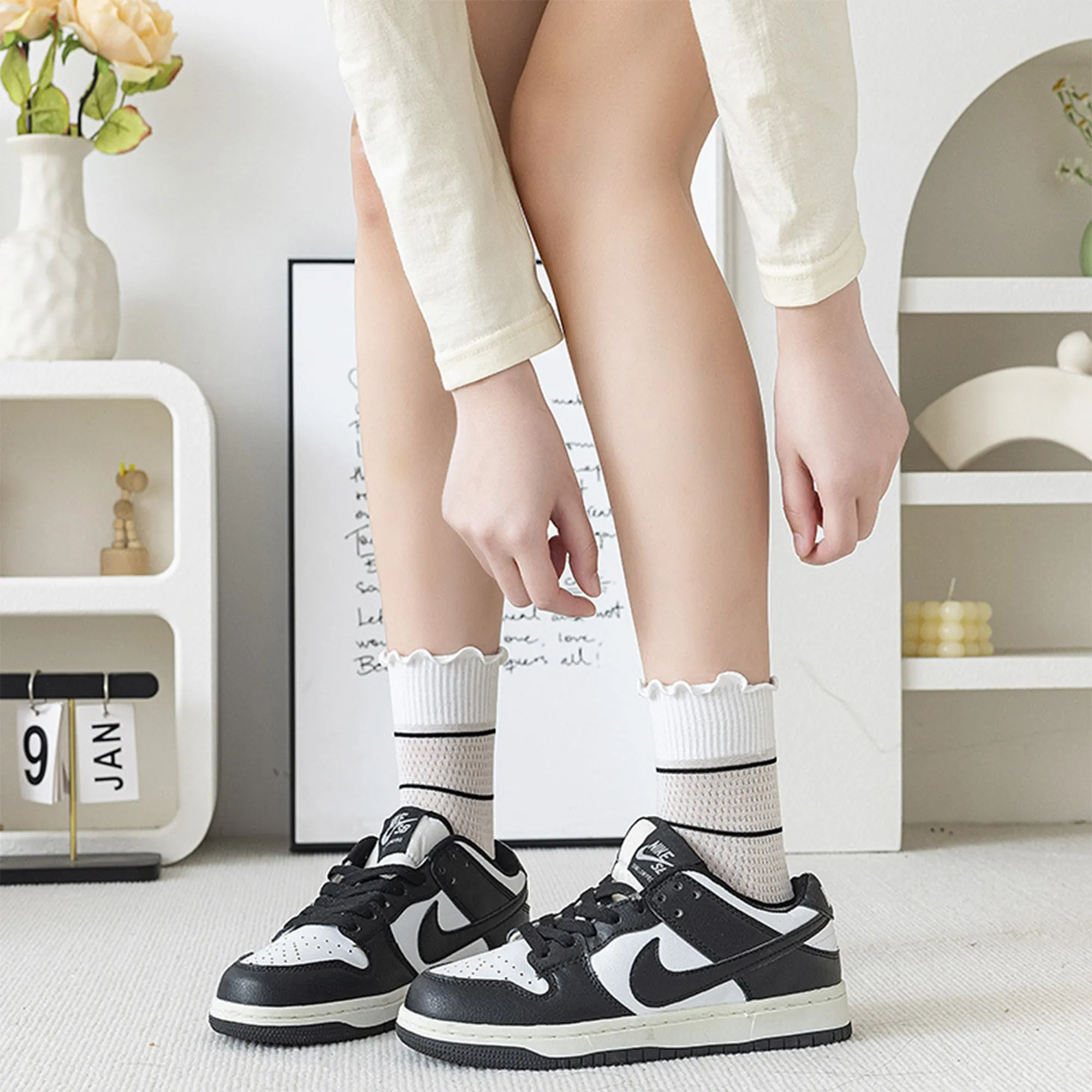 Anna-Kaci 3 Pairs Women's Sheer Mesh Socks with Bow and Stripe Patterns and Ruffled Cuff sold by Anna-Kaci product image thumbnail 5