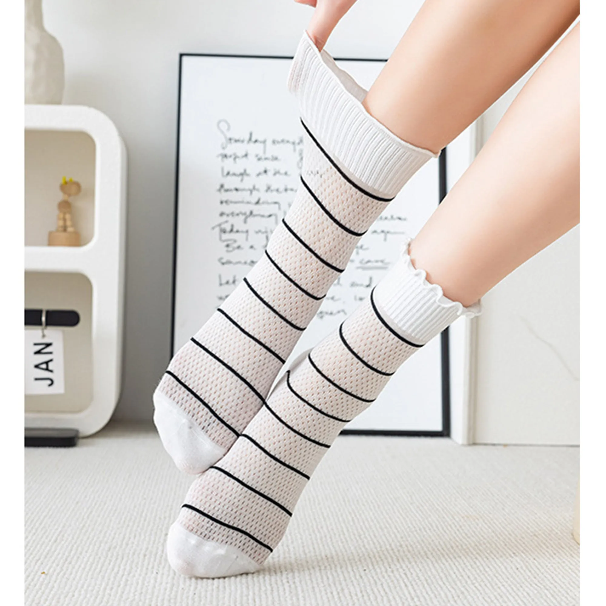 Anna-Kaci 3 Pairs Women's Sheer Mesh Socks with Bow and Stripe Patterns and Ruffled Cuff sold by Anna-Kaci product image thumbnail 4