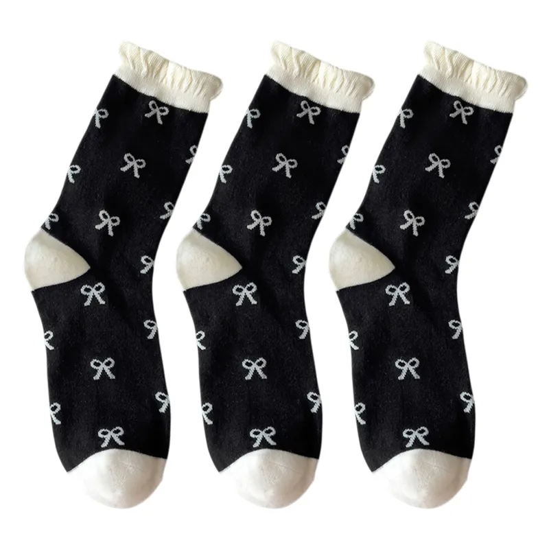 Anna-Kaci 3 Pairs Women's Mid-Calf Socks with Bow Pattern and Ruffled Cuff sold by Anna-Kaci