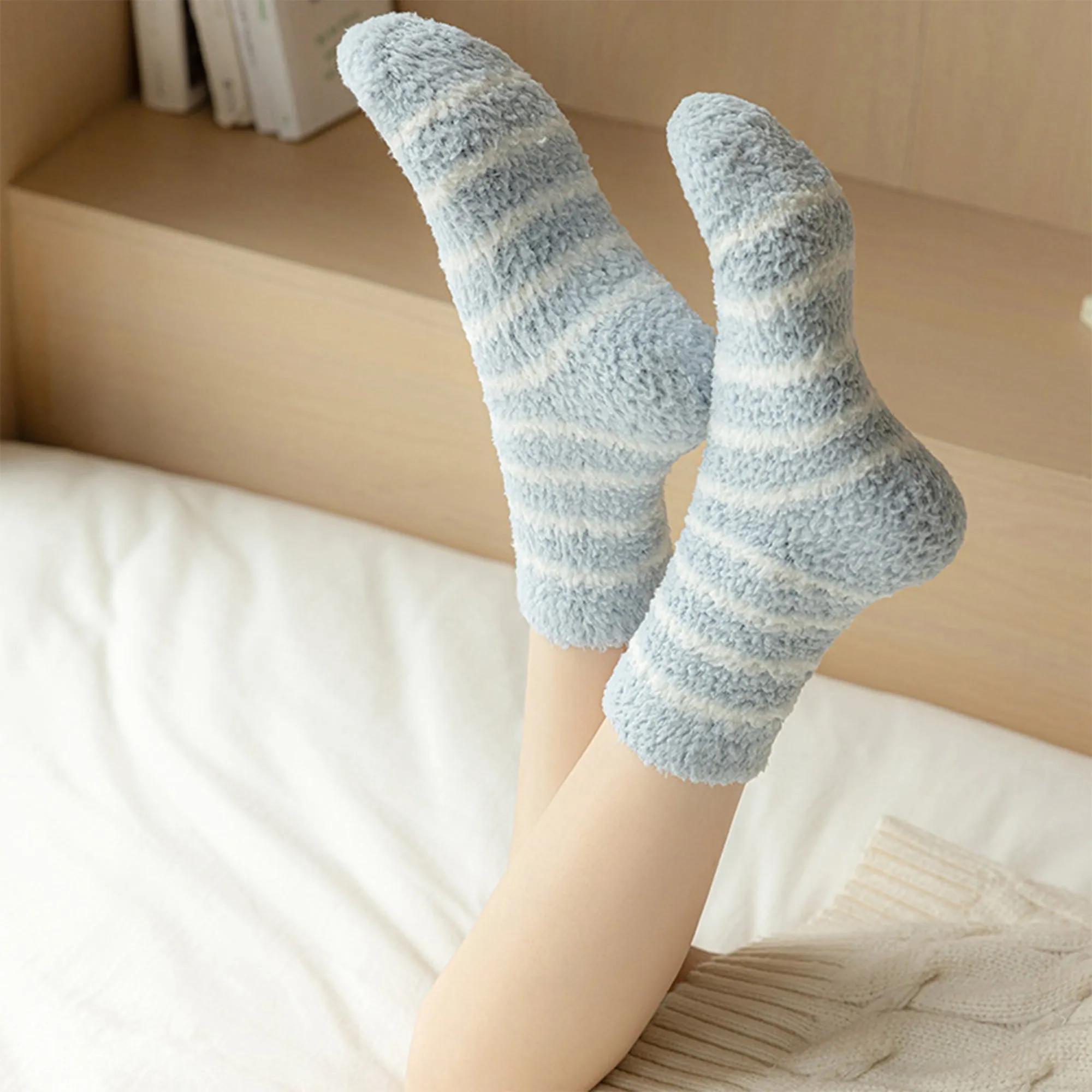 Anna-Kaci 3 Pairs Plush Crew Socks with Cozy Striped Design sold by Anna-Kaci product image thumbnail 5