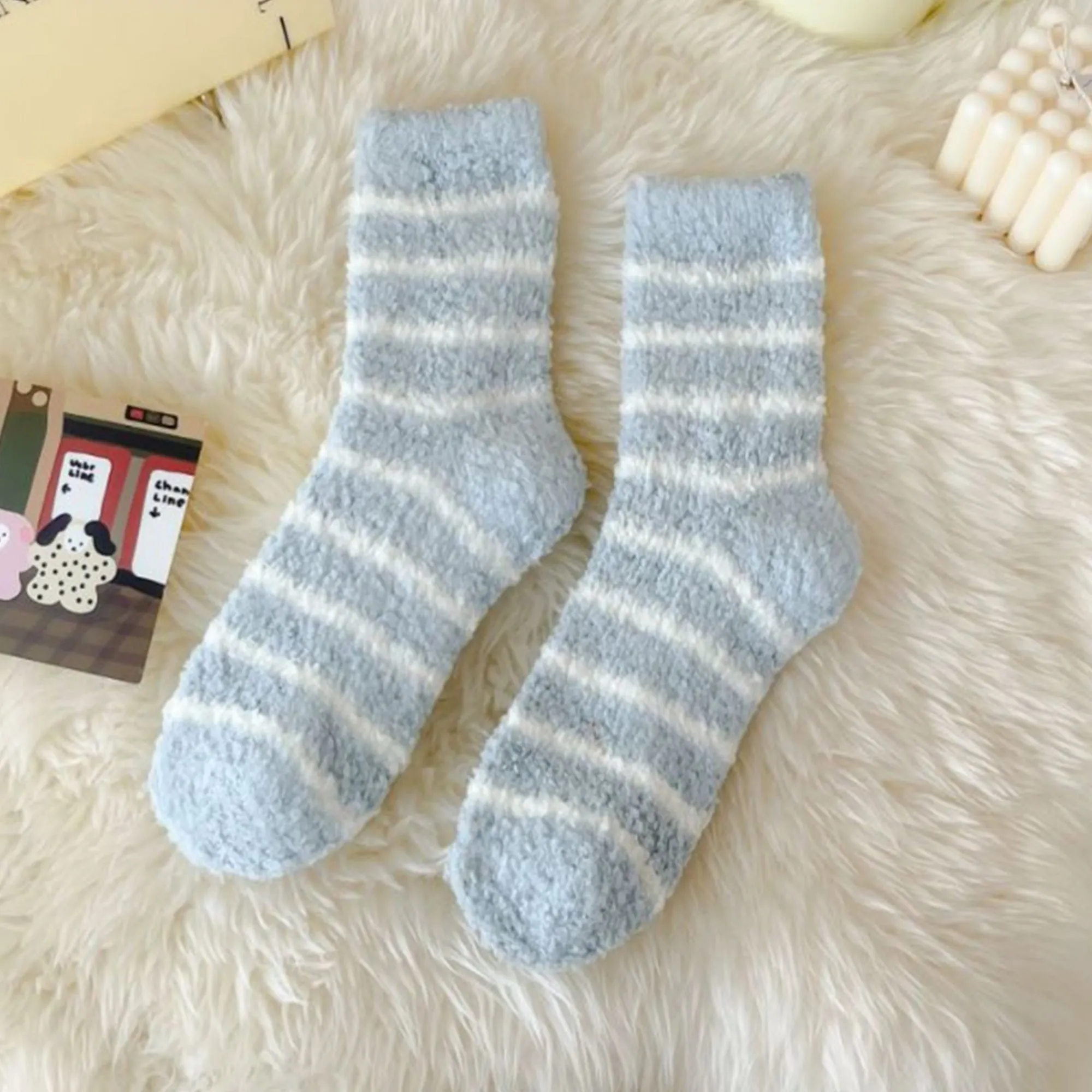 Anna-Kaci 3 Pairs Plush Crew Socks with Cozy Striped Design sold by Anna-Kaci product image thumbnail 2