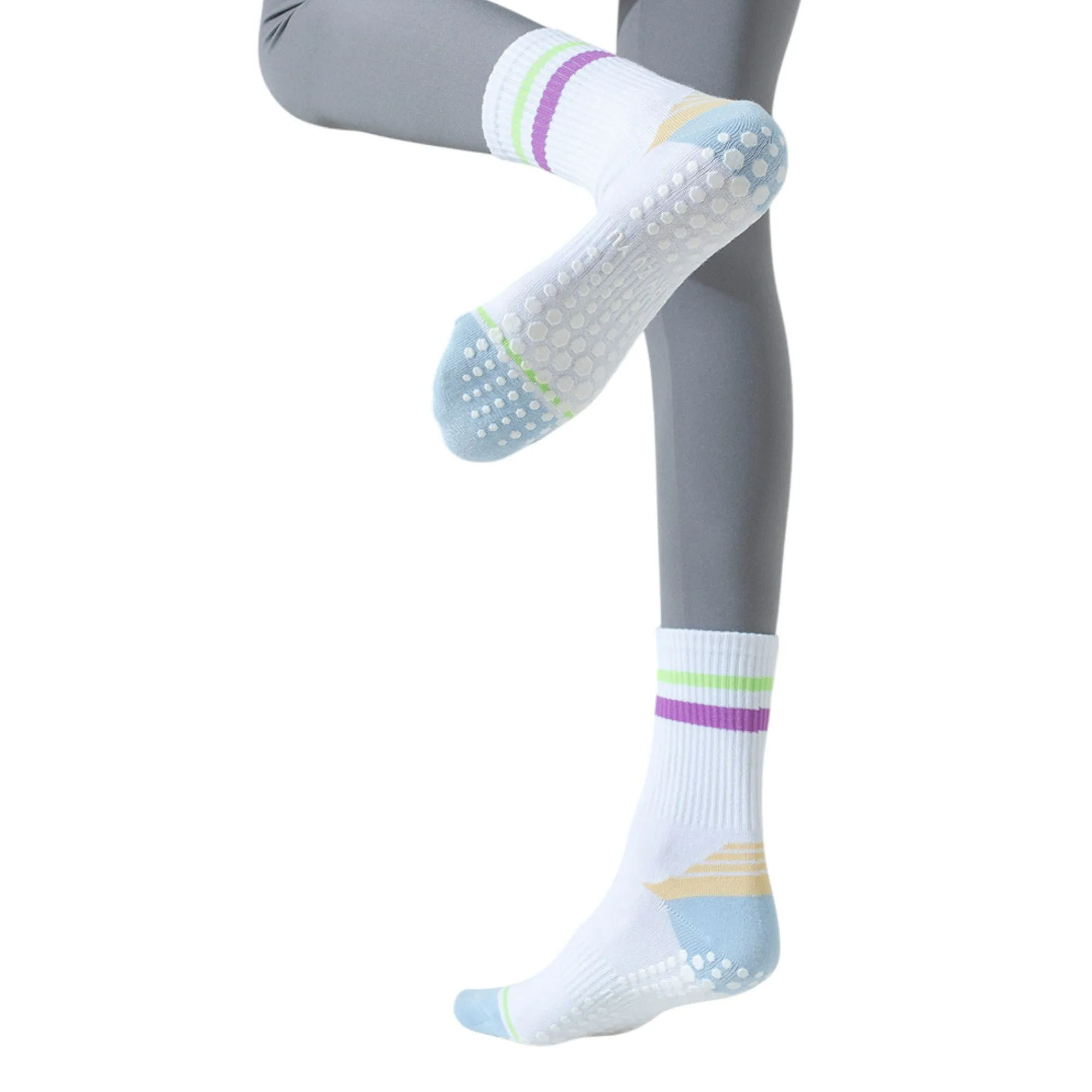 Anna-Kaci 3-Pack Women's Cotton Crew Socks with Color Block Toes Striped Cuffs and Non-Slip Grip Soles sold by Anna-Kaci product image thumbnail 5