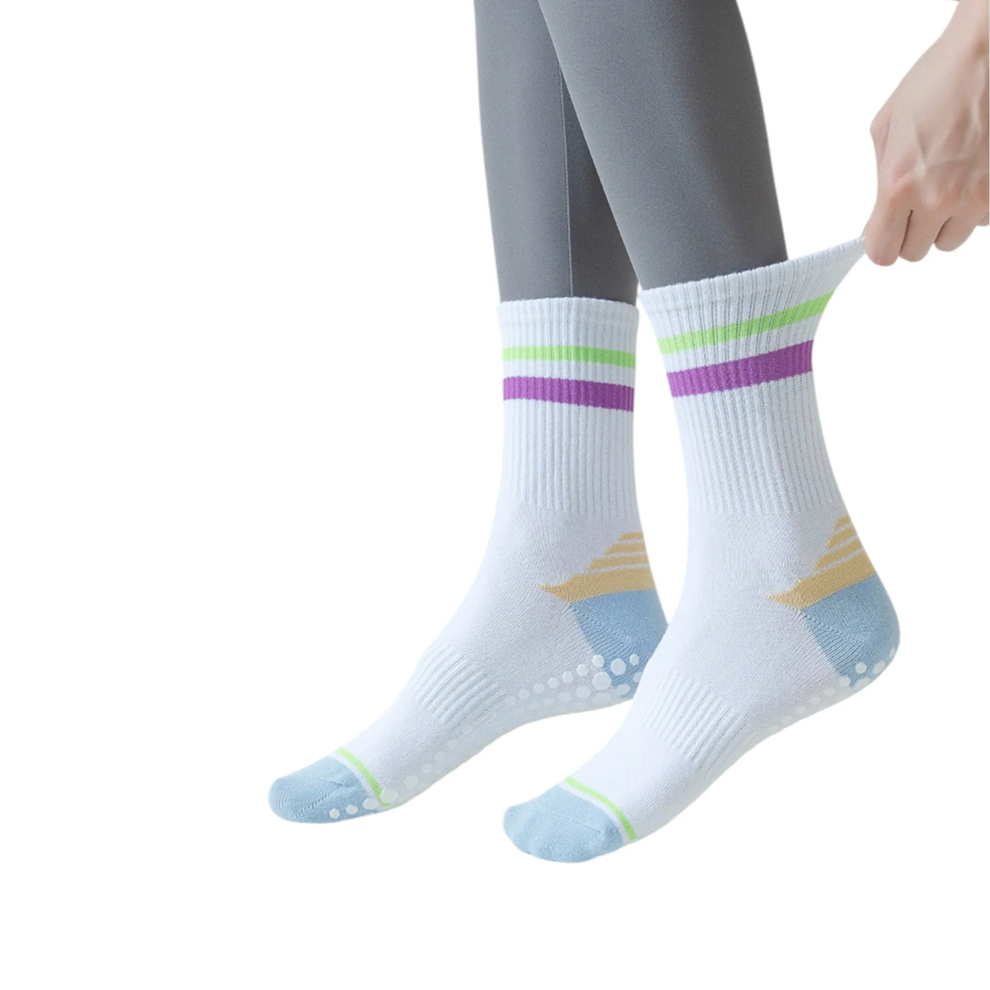 Anna-Kaci 3-Pack Women's Cotton Crew Socks with Color Block Toes Striped Cuffs and Non-Slip Grip Soles sold by Anna-Kaci product image thumbnail 2