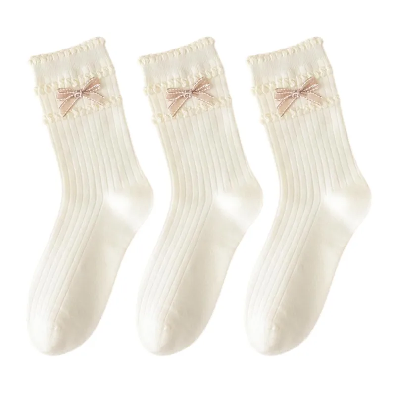 Anna-Kaci 3-Pack Women's Cotton Crew Socks with Ribbed Knit, Satin Bow Accen sold by Anna-Kaci