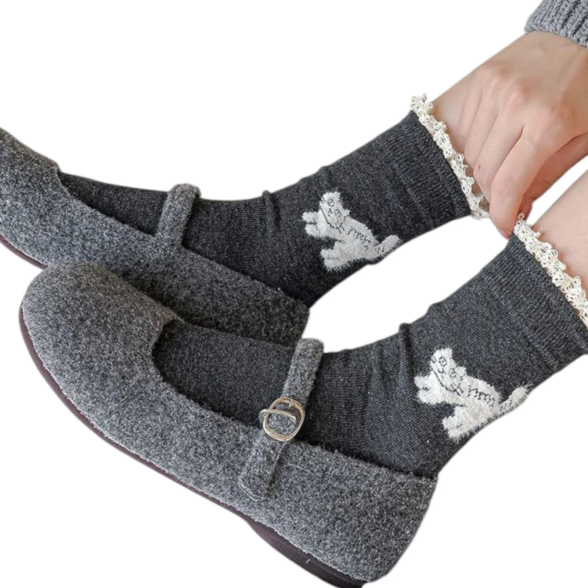 Anna-Kaci 3-Pack Women's Cotton Crew Socks with Embroidered Cat and Lace Trim Cuff sold by Anna-Kaci product image thumbnail 3