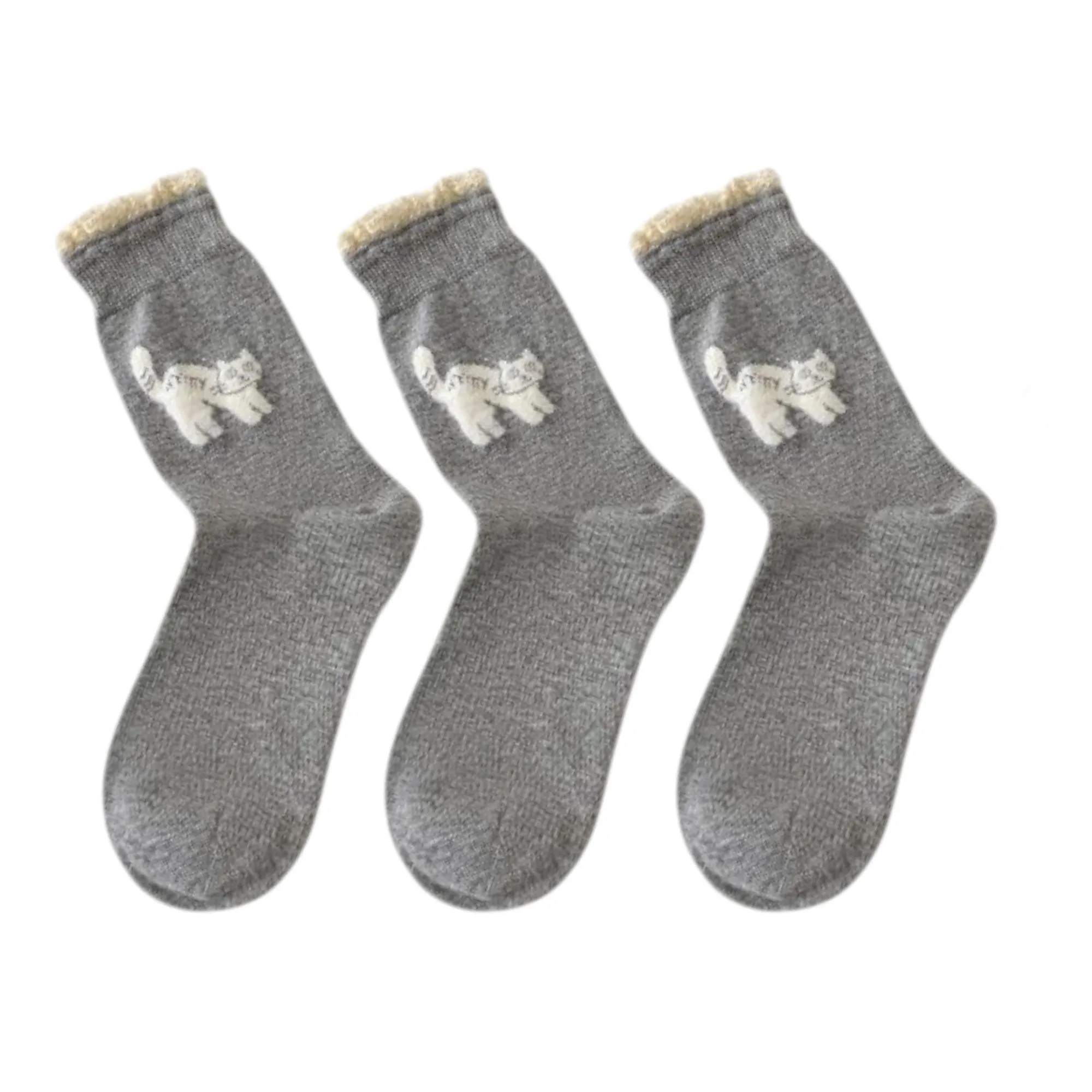 Anna-Kaci 3-Pack Women's Cotton Crew Socks with Embroidered Cat and Lace Trim Cuff sold by Anna-Kaci product image thumbnail 4