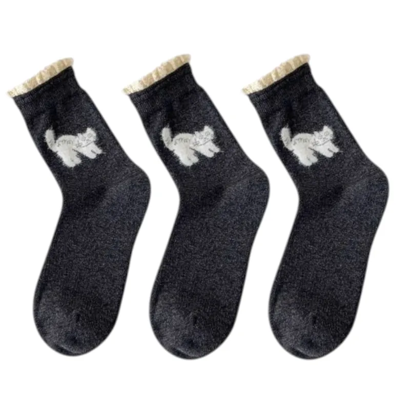 Anna-Kaci 3-Pack Women's Cotton Crew Socks with Embroidered Cat and Lace Trim Cuff sold by Anna-Kaci