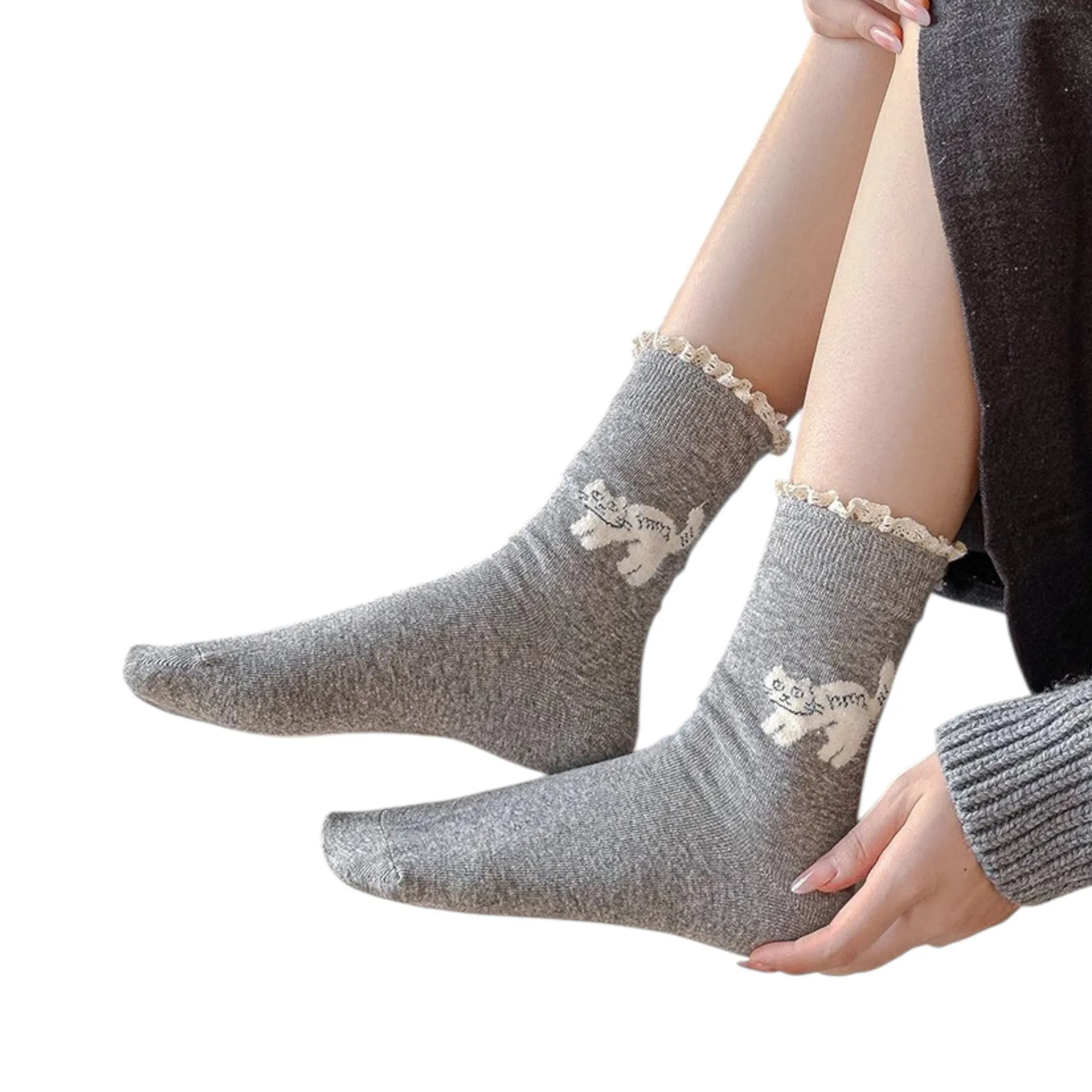 Anna-Kaci 3-Pack Women's Cotton Crew Socks with Embroidered Cat and Lace Trim Cuff sold by Anna-Kaci product image thumbnail 5