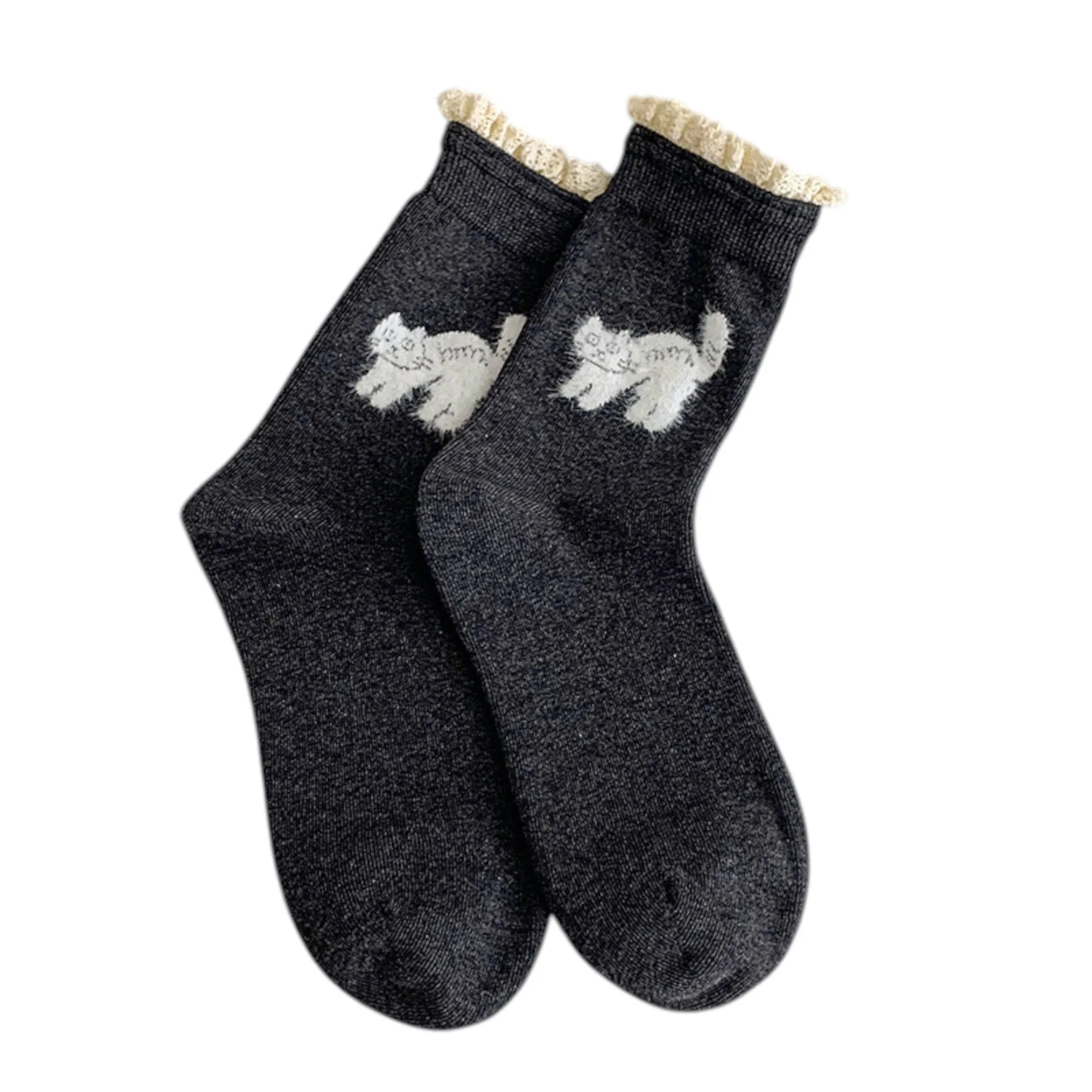 Anna-Kaci 3-Pack Women's Cotton Crew Socks with Embroidered Cat and Lace Trim Cuff sold by Anna-Kaci product image thumbnail 2