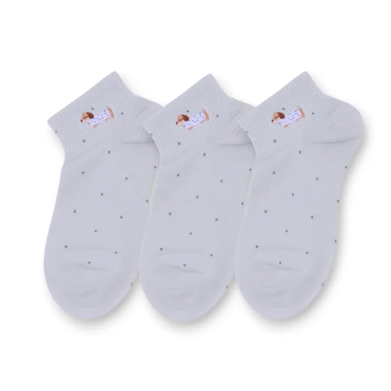 Anna-Kaci 3-Pack Women's Cotton Ankle Socks with Embroidered Dog and Dotted Knit Pattern sold by Anna-Kaci