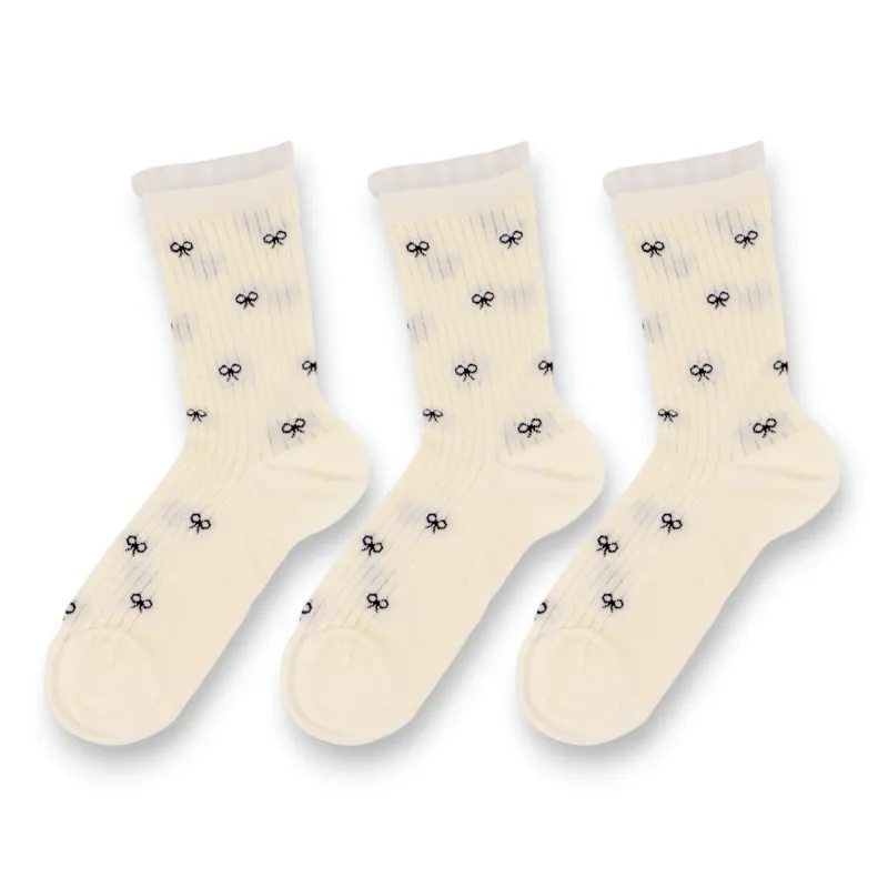 Anna-Kaci 3-Pack Women's Crew Socks with Allover Bow Embroidery and Ribbed Texture sold by Anna-Kaci