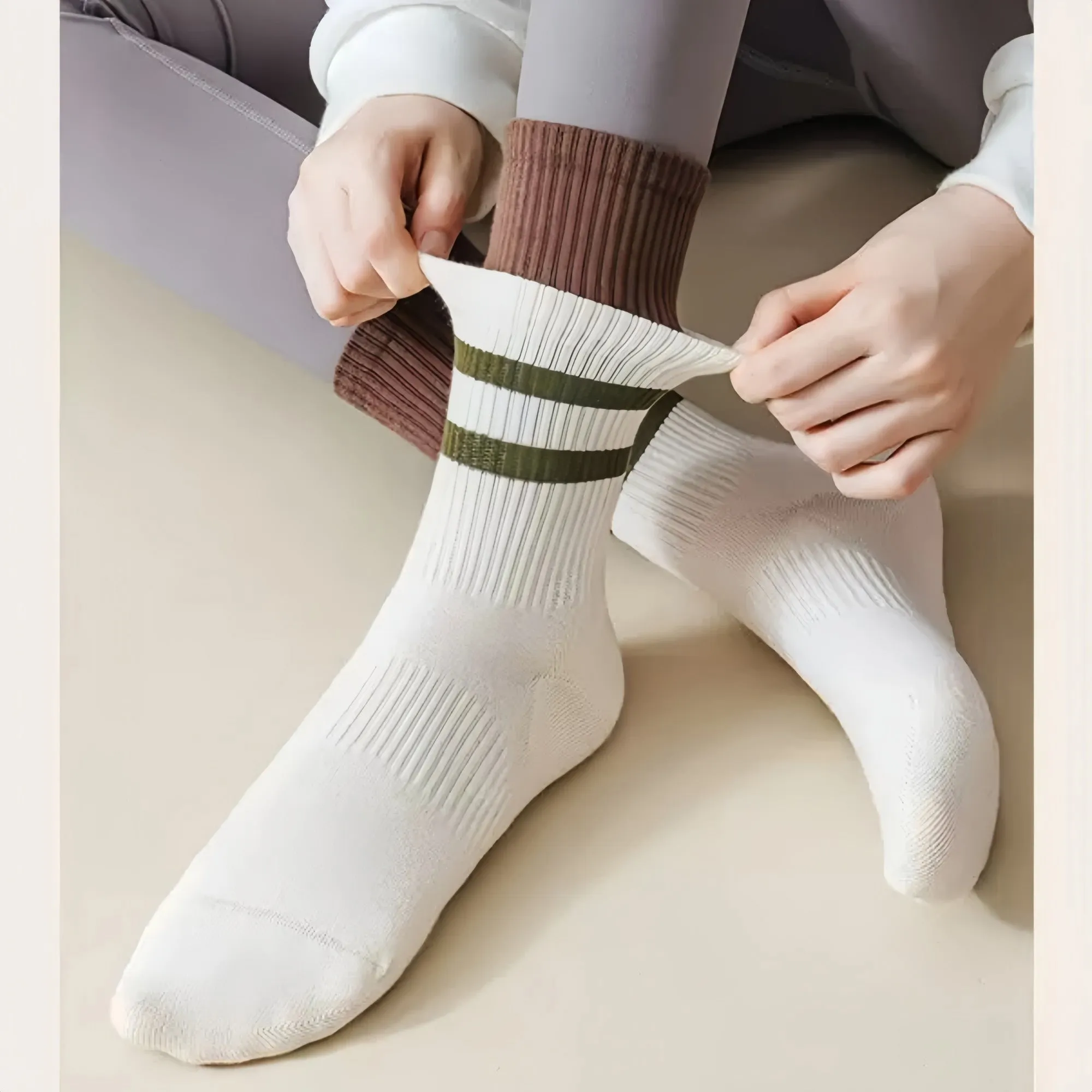 Anna-Kaci 3-Pair Mid-Calf Grip Bottom Socks with Striped Cuff and Soft Ribbed Knit for Everyday Comfort and Stability sold by Anna-Kaci product image thumbnail 2