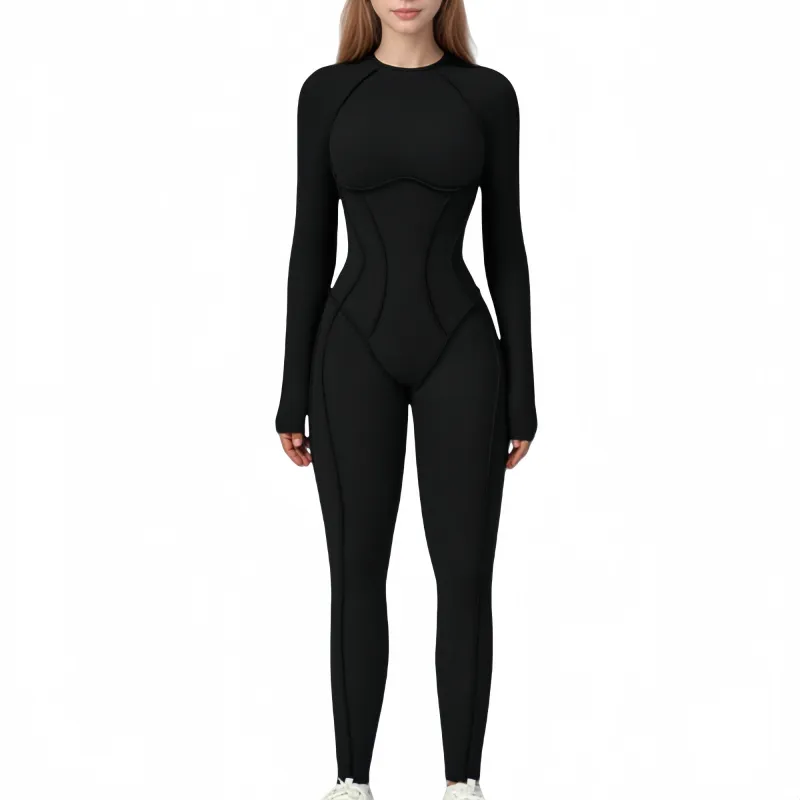 Anna-Kaci Active Women's Long Sleeve Fitted One-Piece Activewear Jumpsuit with Contoured Stitching and Open Back Design sold by Anna-Kaci