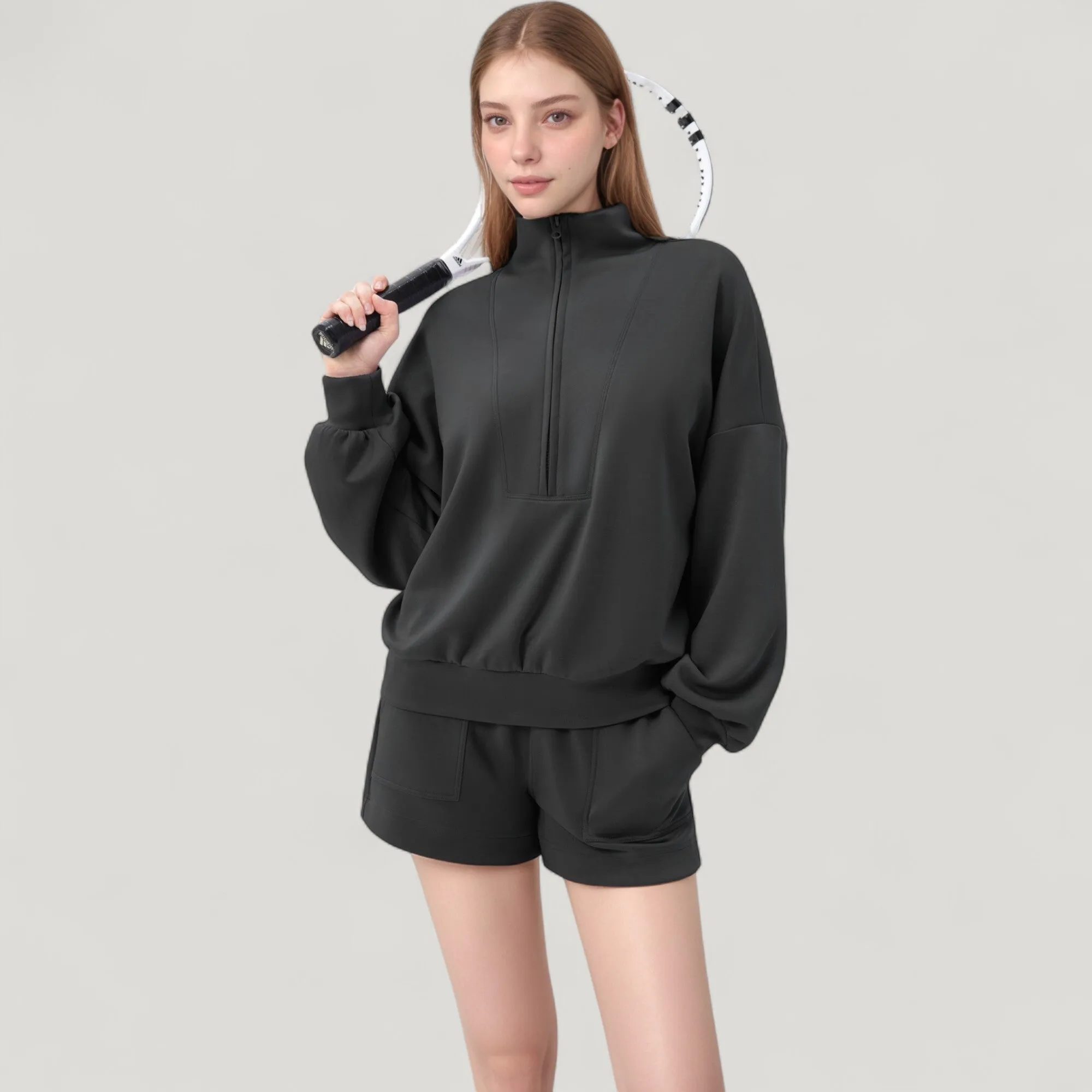 Women's Long Sleeve Woven Half Zip Pullover Top with Stand Collar and Elastic Cuffs sold by Anna-Kaci product image thumbnail 3
