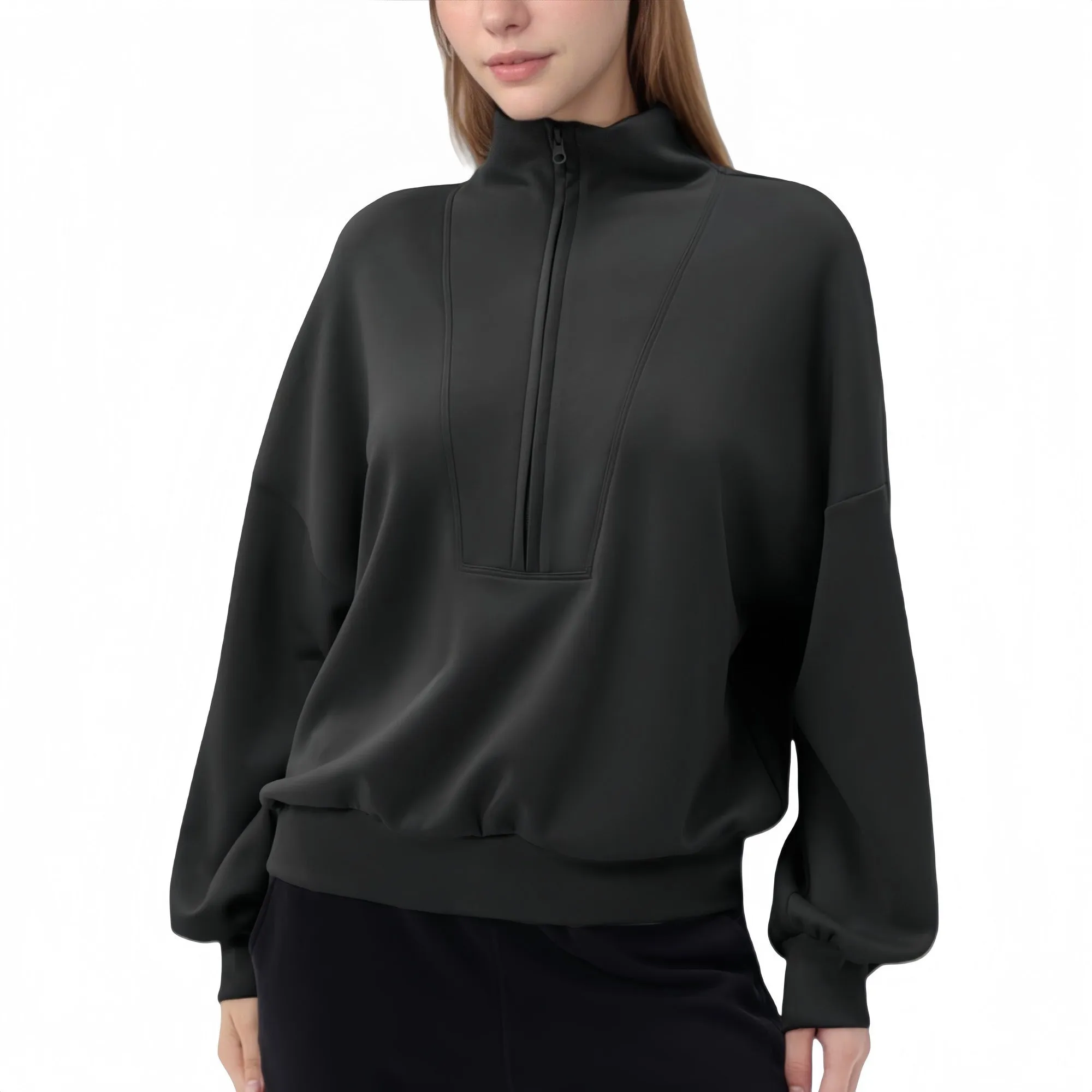 Women's Long Sleeve Woven Half Zip Pullover Top with Stand Collar and Elastic Cuffs sold by Anna-Kaci