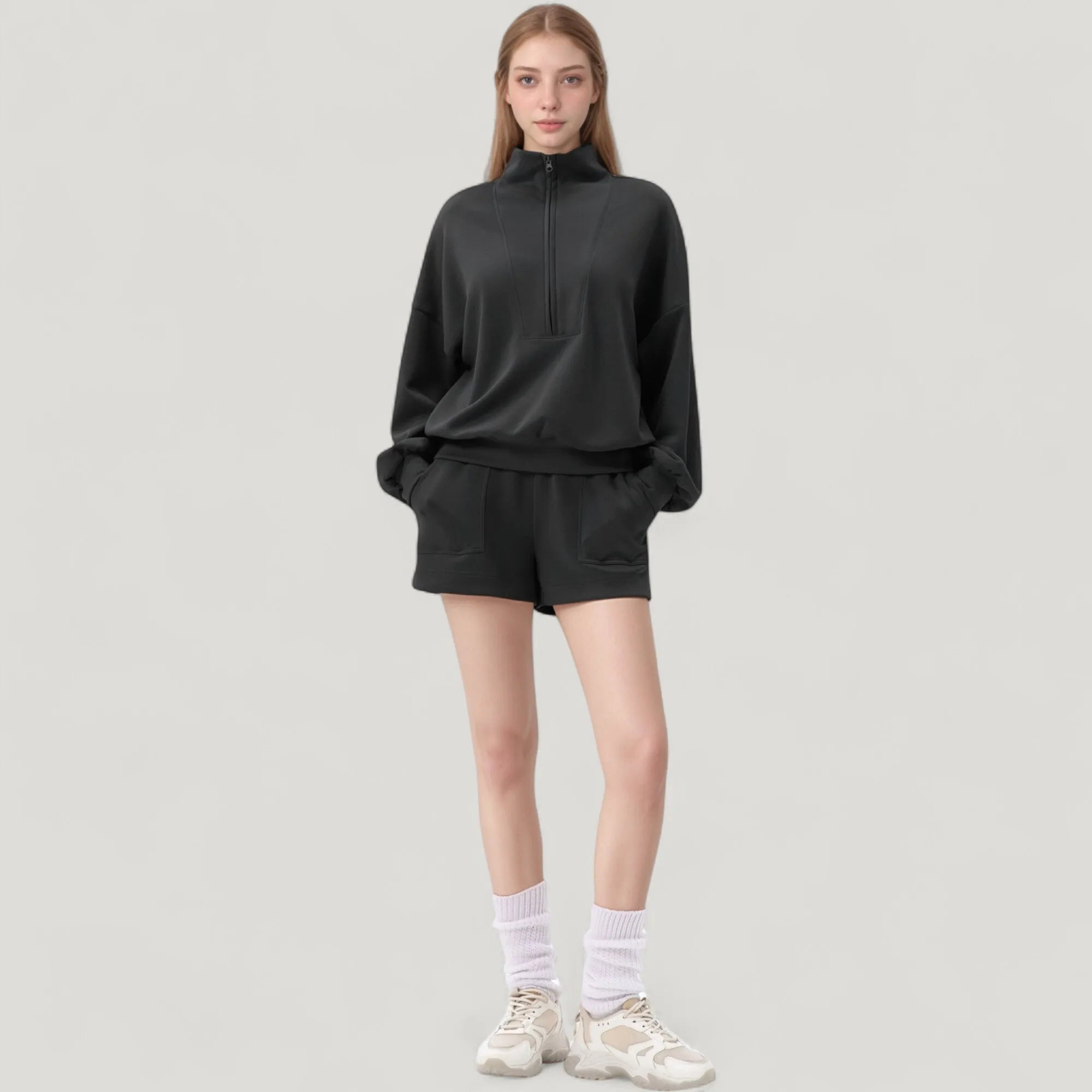 Women's Long Sleeve Woven Half Zip Pullover Top with Stand Collar and Elastic Cuffs sold by Anna-Kaci product image thumbnail 5